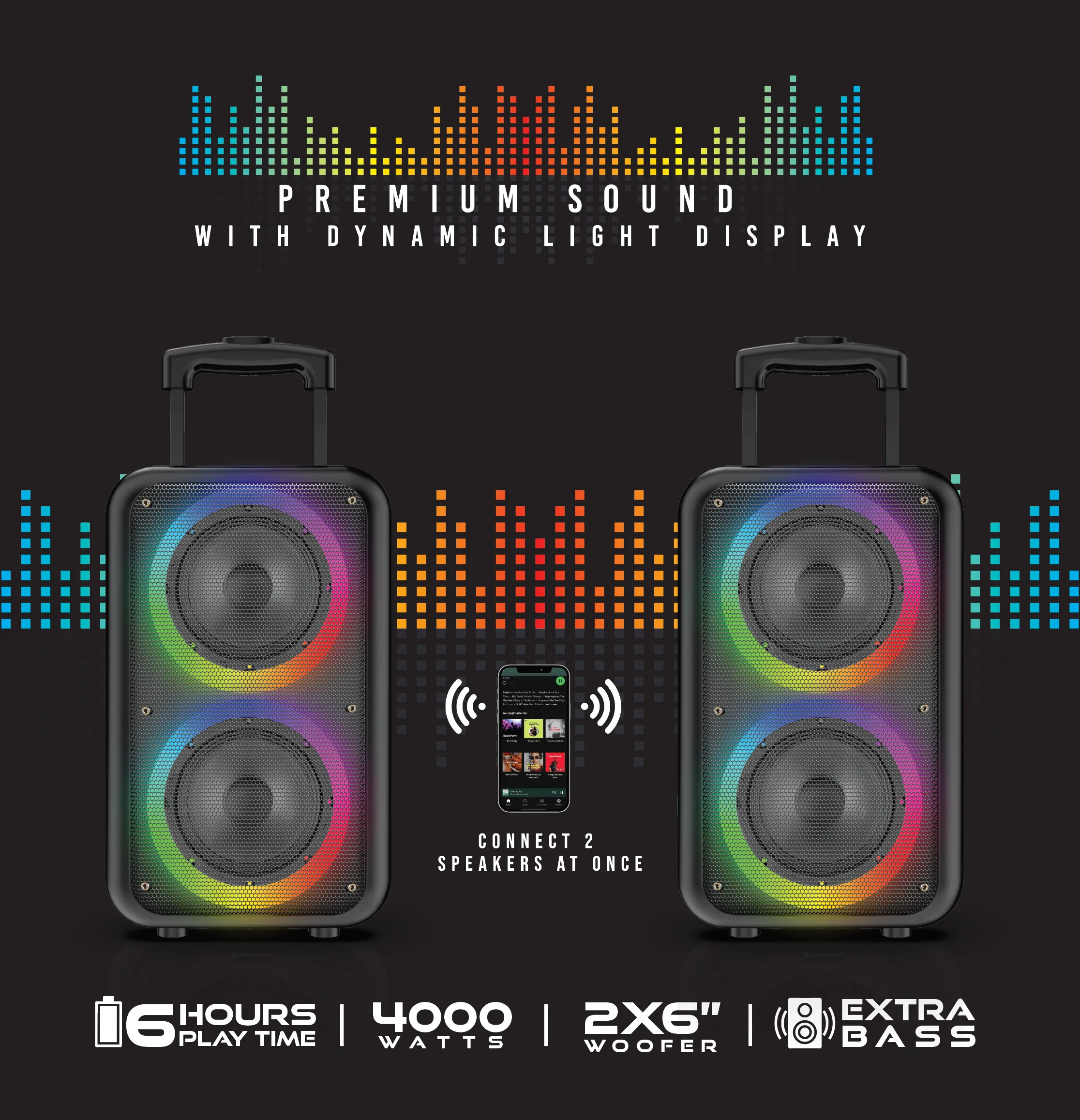 JET-66 Chroma Beat 2x6" Bluetooth Speaker with Disco Lights, Extra Bass & Guitar Jack