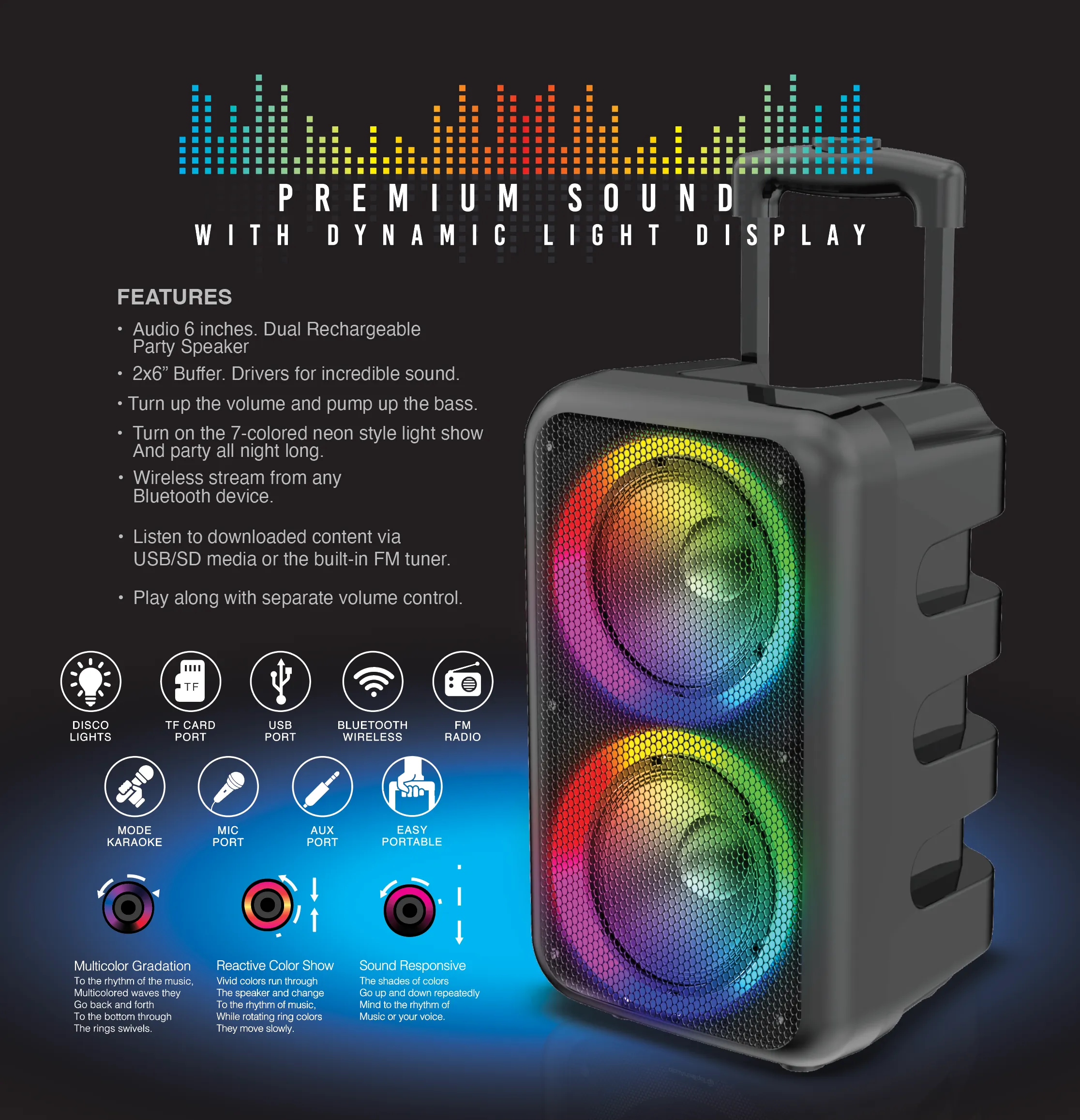 JET-66 Chroma Beat 2x6" Bluetooth Speaker with Disco Lights, Extra Bass & Guitar Jack