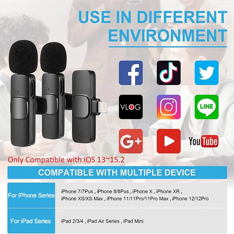 K9 Wireless Clip-on Auto Noise Cancelling Live Mini Microphone for 8-Pin Device 2 in 1