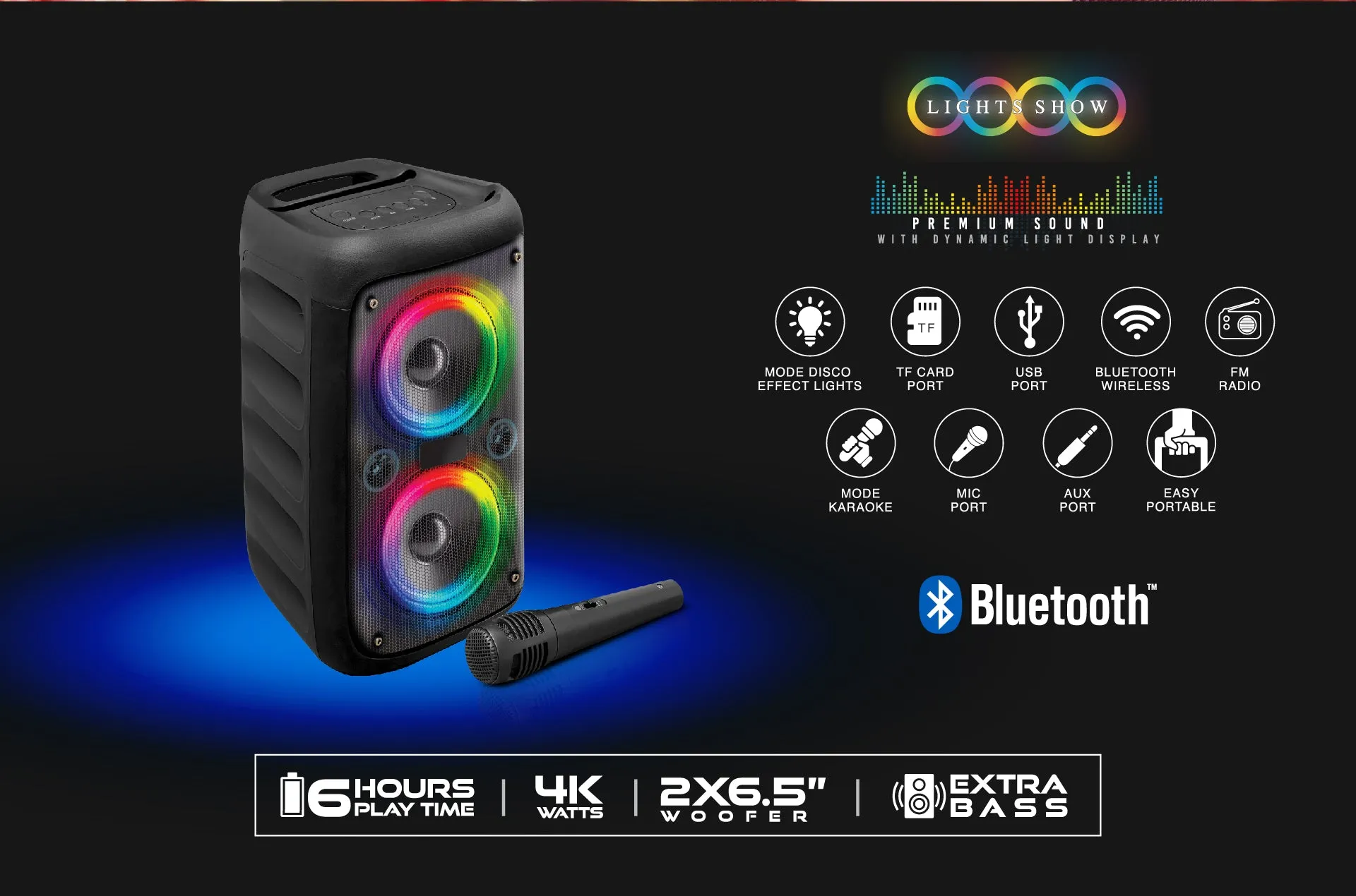 KL-66 Chroma Flicker Bluetooth Speaker, 4000W Power, Disco Lights, Karaoke Mode
