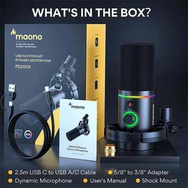 Maono PD200XS USB/XLR Dynamic Microphone Set with Boom Arm