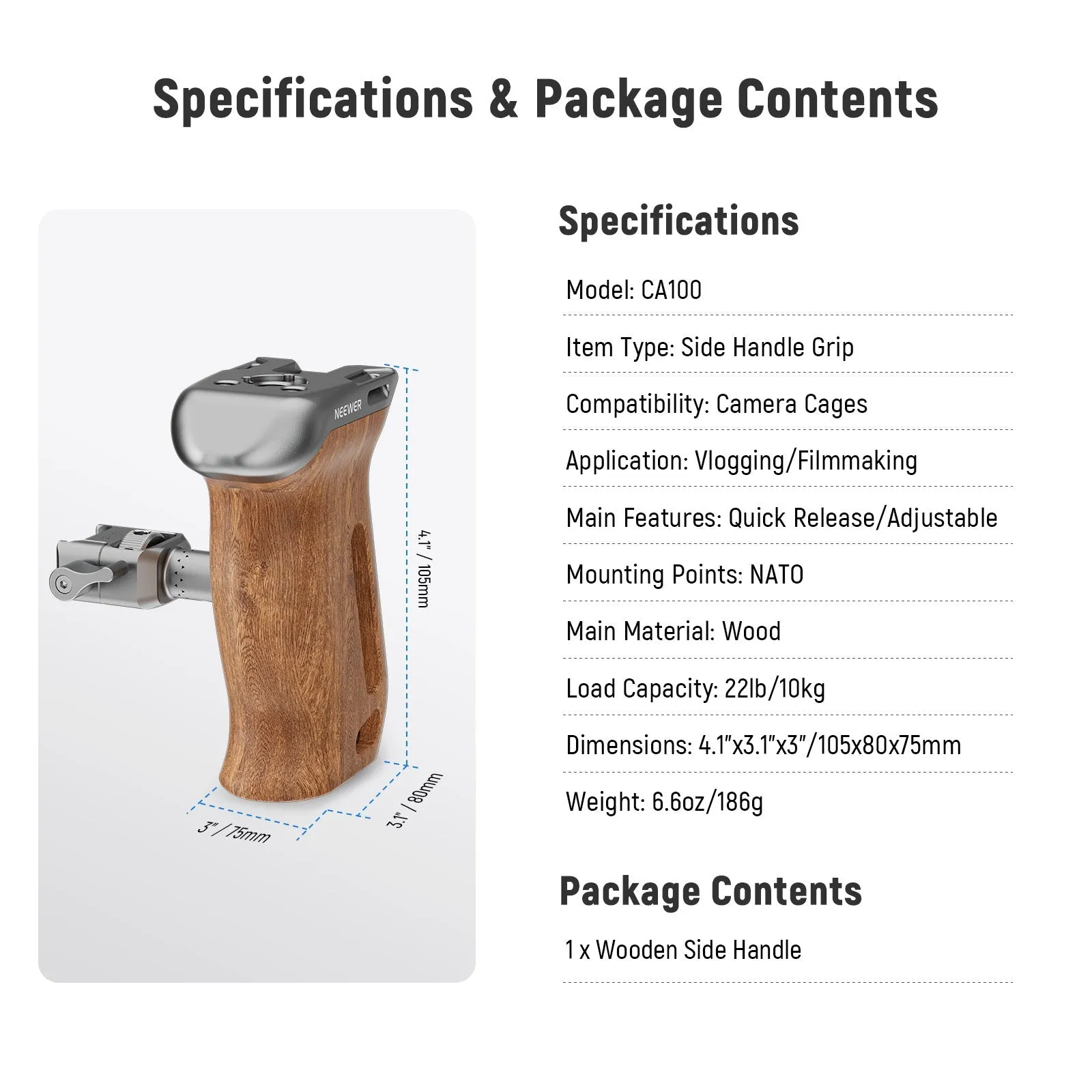 NEEWER CA100 Wooden Side Handle Grip with NATO Clamp