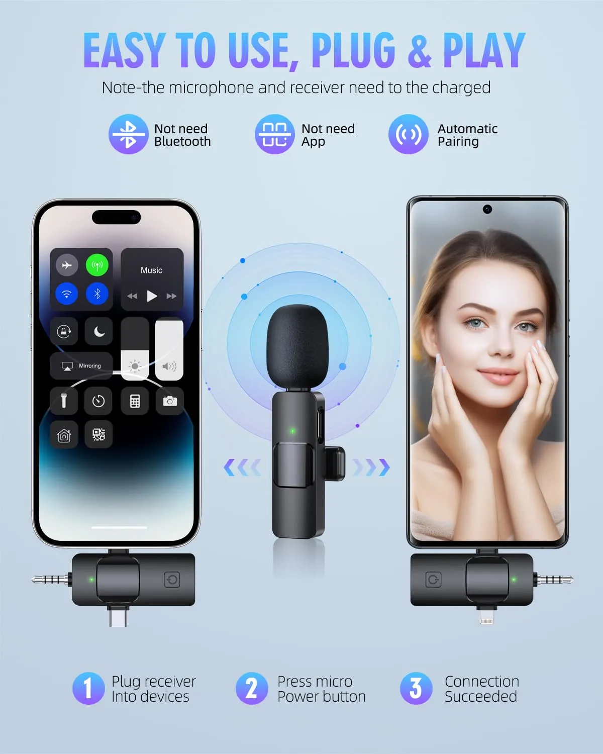 PQRQP 3 in 1 Wireless Lavalier Microphones for iPhone, iPad, Android, Camera, USB-C Microphone, 7-Hour Battery, Mini Microphone with Noise Reduction for Video Recording, Vlog, YouTube, TikTok