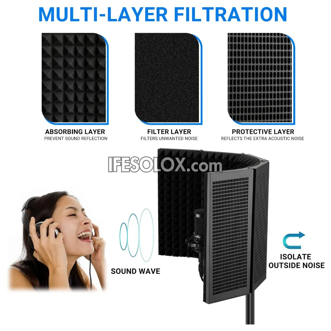 Professional 5-Panel Collapsible Microphone Isolation Shield for Podcast and Studio - Brand New