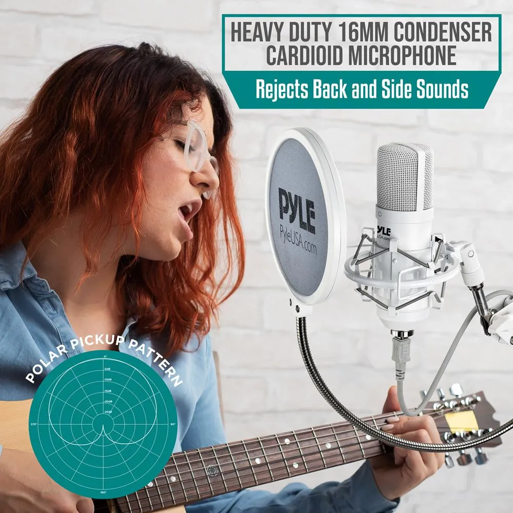 Professional Usb Podcast Microphone Kit - High-Res. Mic With Usb Cable, Pop Filter, Mic Stand, Shock Mount, White