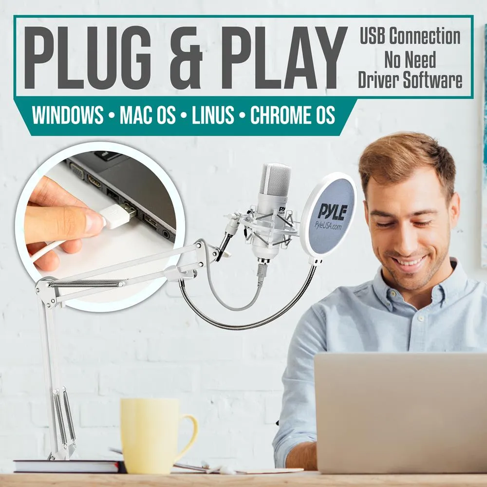 Professional Usb Podcast Microphone Kit - High-Res. Mic With Usb Cable, Pop Filter, Mic Stand, Shock Mount, White