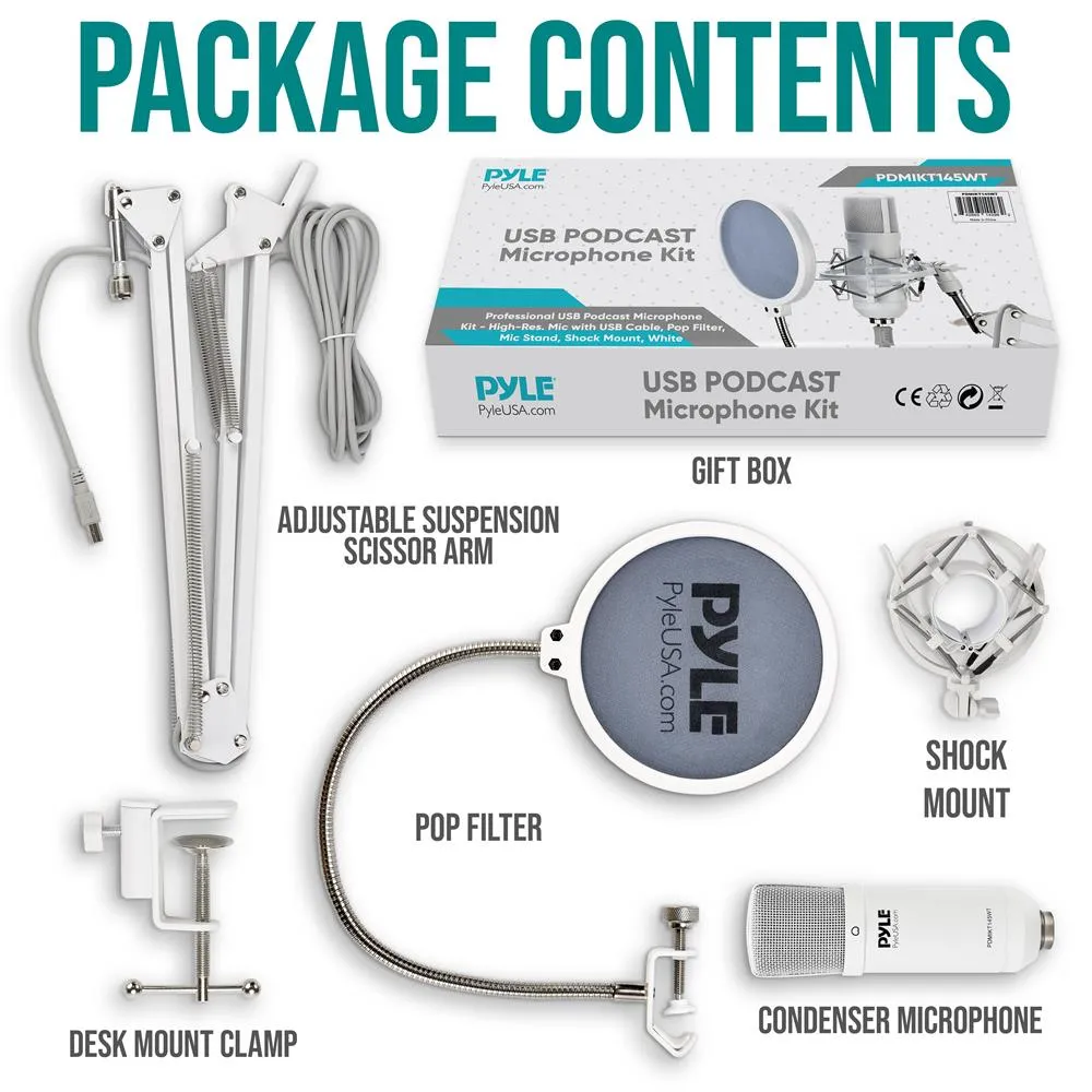 Professional Usb Podcast Microphone Kit - High-Res. Mic With Usb Cable, Pop Filter, Mic Stand, Shock Mount, White