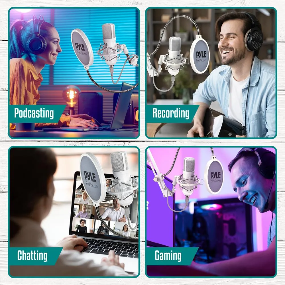 Professional Usb Podcast Microphone Kit - High-Res. Mic With Usb Cable, Pop Filter, Mic Stand, Shock Mount, White