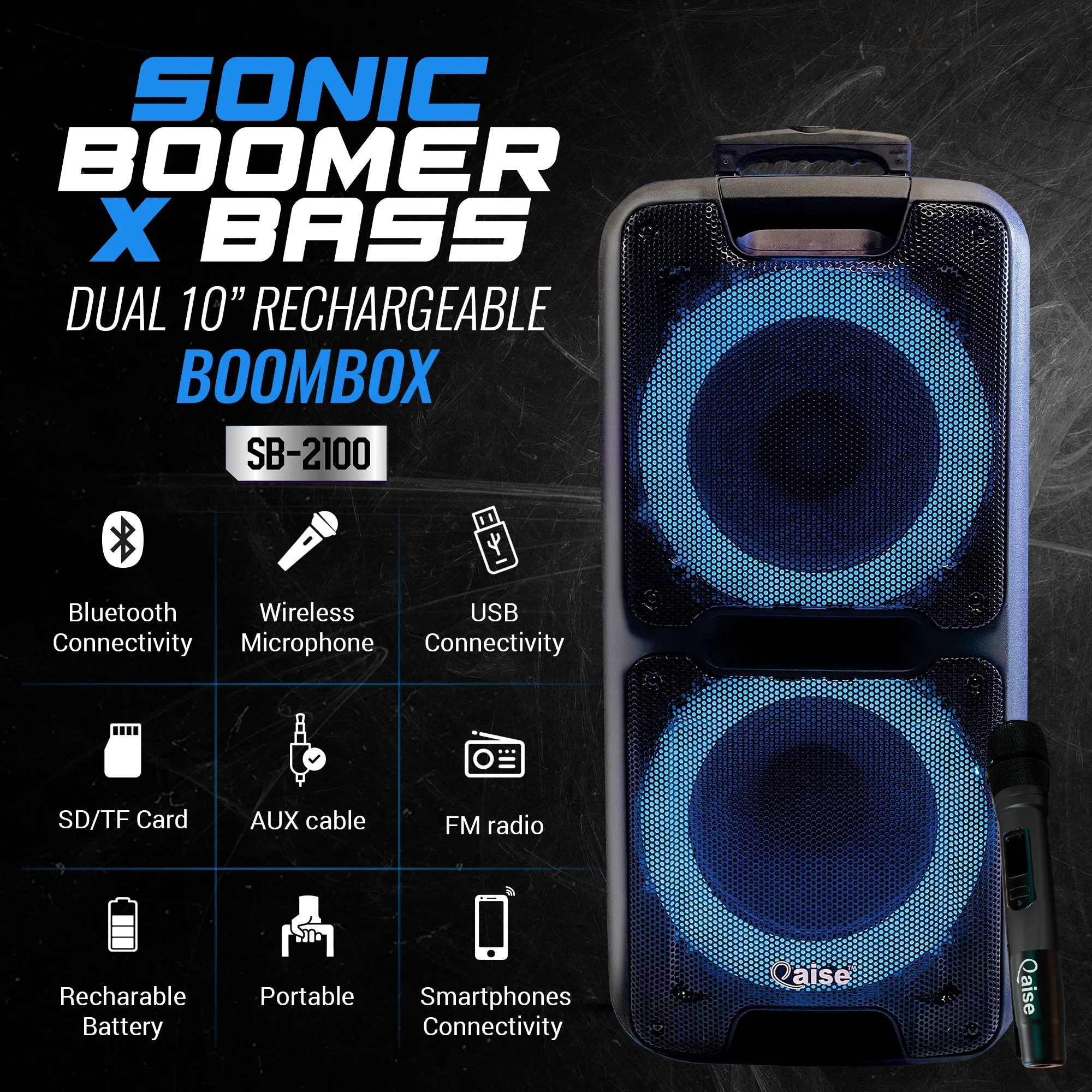 QAISE Bluetooth Speaker & Karaoke Machine - Portable PA System with Wireless Mic, Professional Dual 10” Subwoofer with Lights, 7h Play time, 5000 Watts Peak Power - SonicBoomer X-BASS