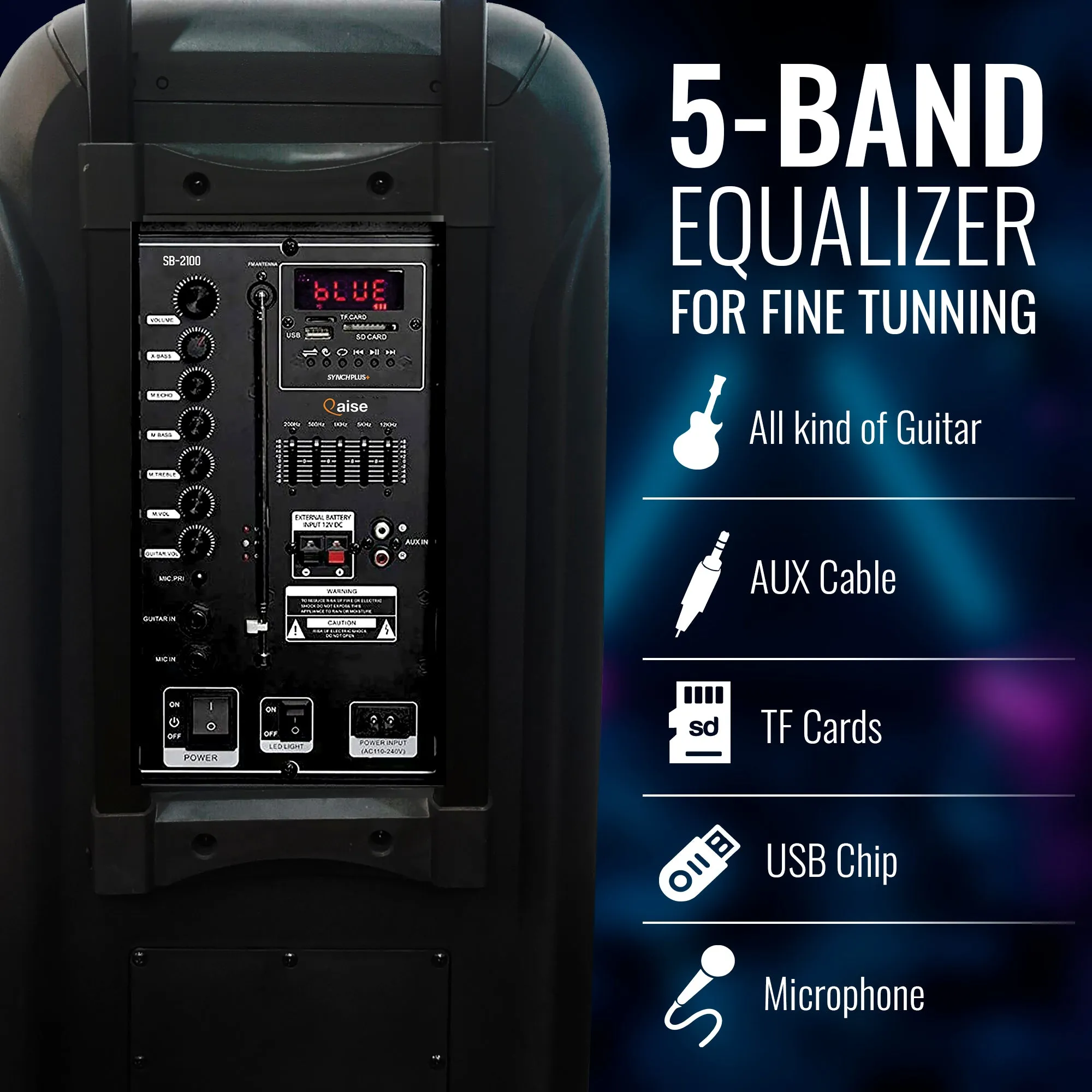 QAISE Bluetooth Speaker & Karaoke Machine - Portable PA System with Wireless Mic, Professional Dual 10” Subwoofer with Lights, 7h Play time, 5000 Watts Peak Power - SonicBoomer X-BASS