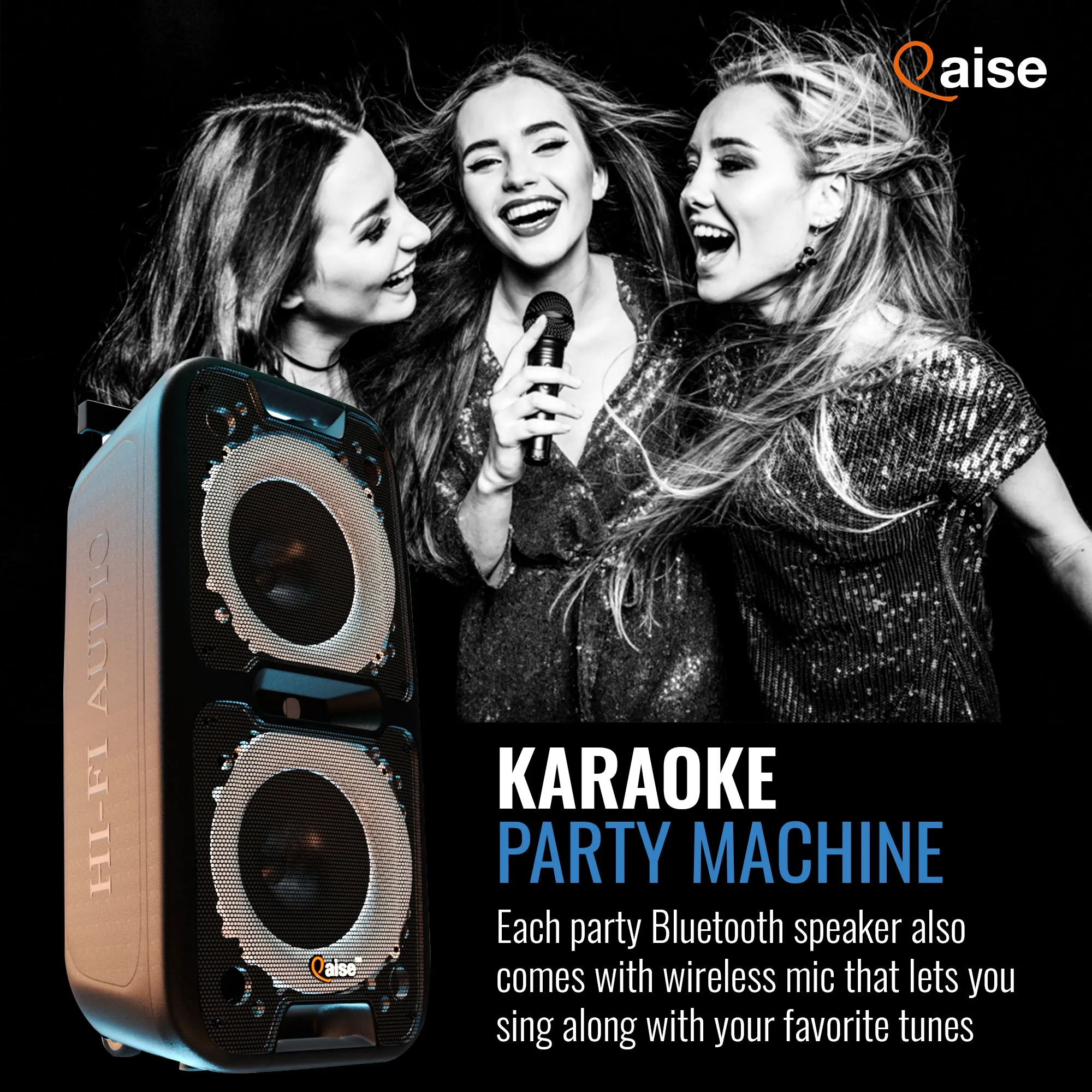 QAISE Bluetooth Speaker & Karaoke Machine - Portable PA System with Wireless Mic, Professional Dual 10” Subwoofer with Lights, 7h Play time, 5000 Watts Peak Power - SonicBoomer X-BASS