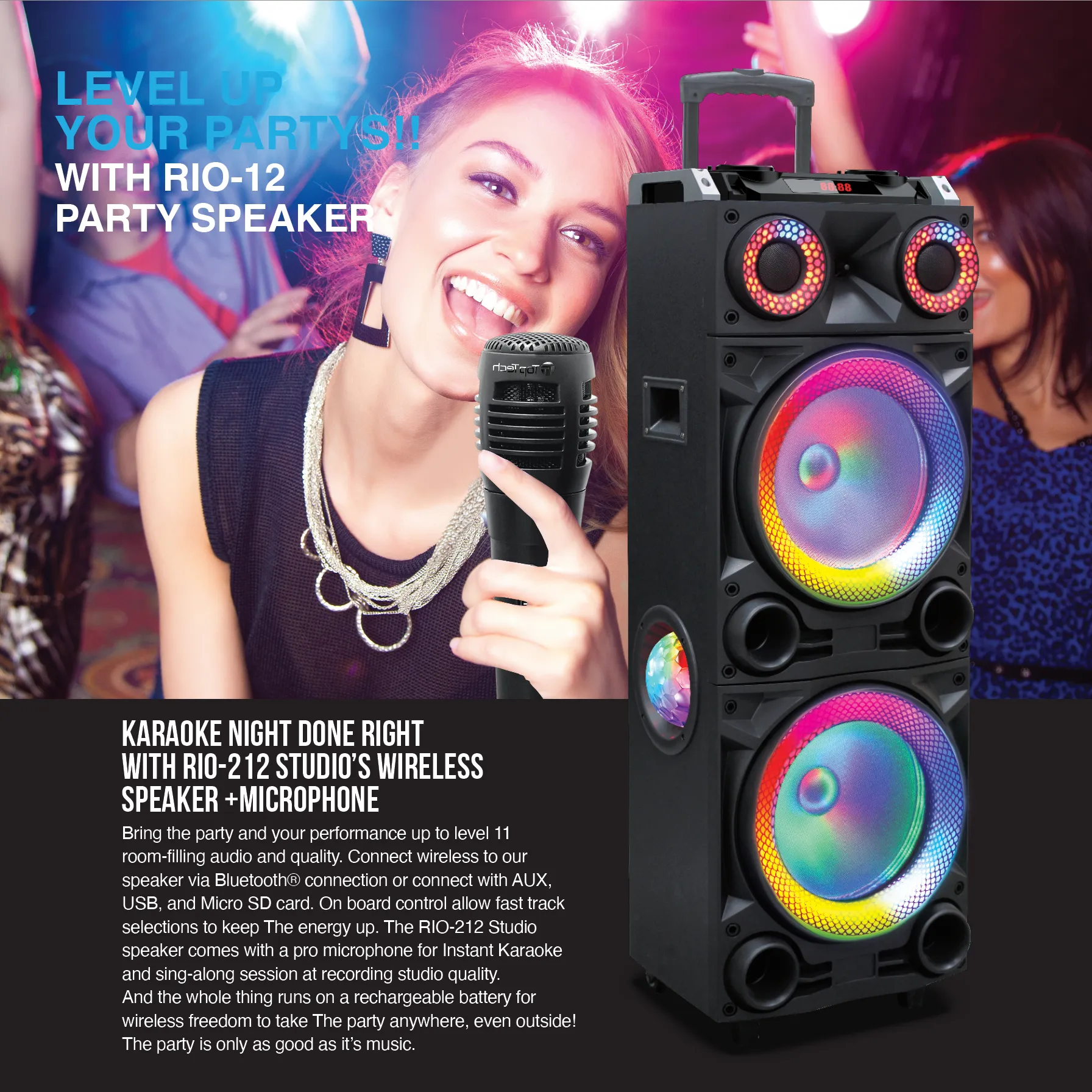 Rio-212 Party Speaker, 12" TWS Bluetooth, LED Lights, Karaoke, and Multimedia Playback