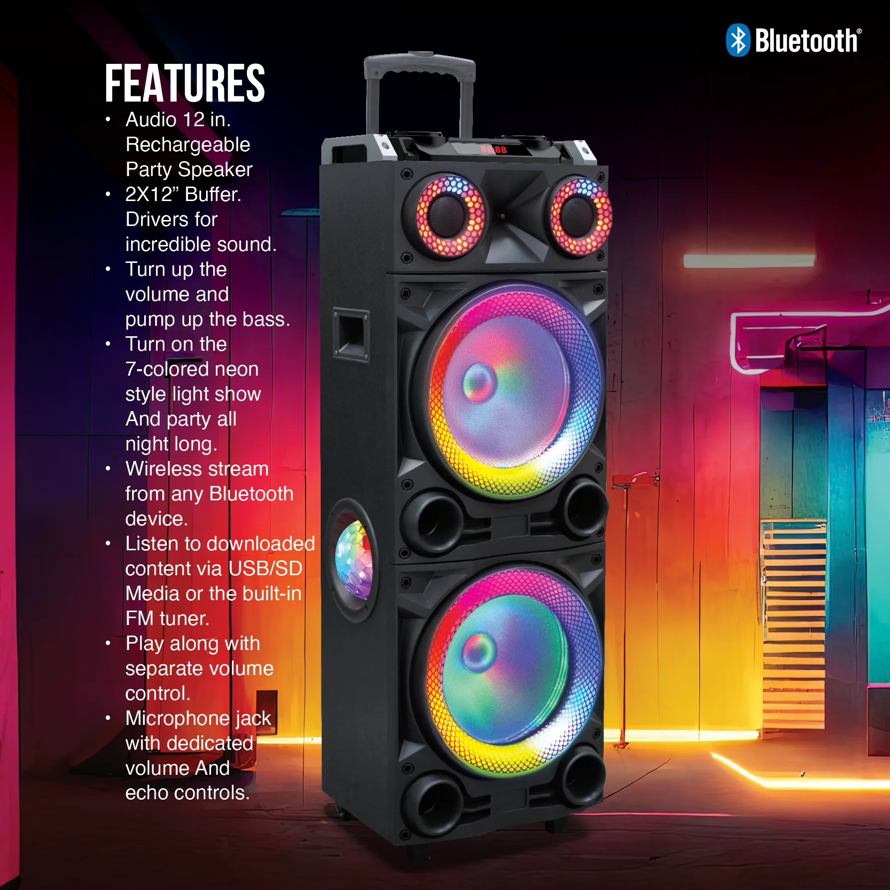 Rio-212 Party Speaker, 12" TWS Bluetooth, LED Lights, Karaoke, and Multimedia Playback