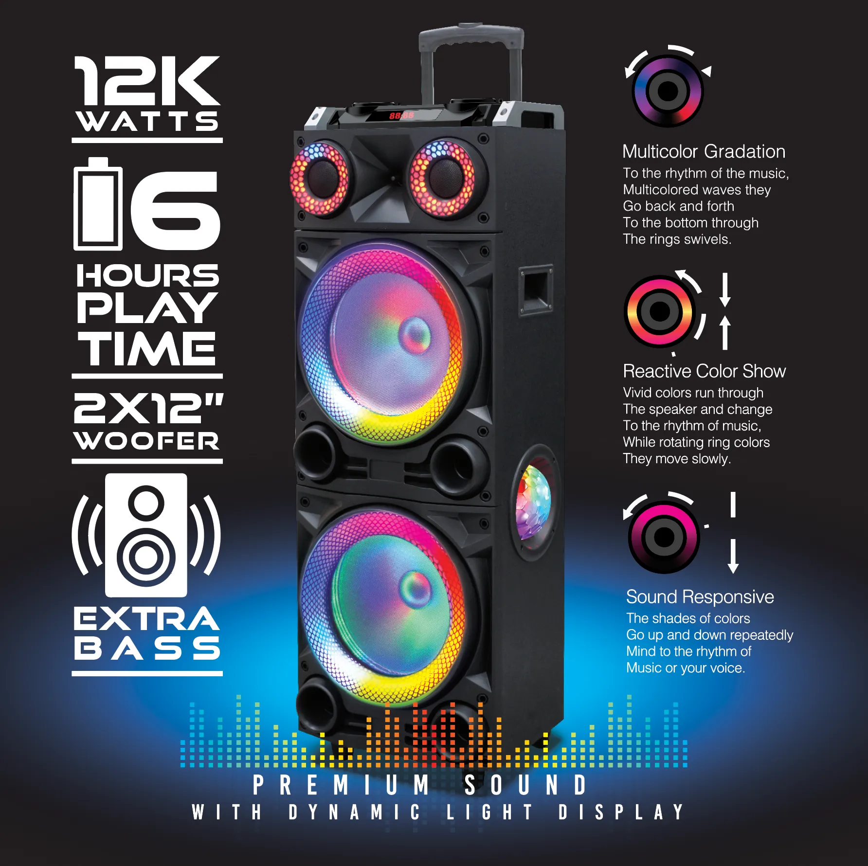 Rio-212 Party Speaker, 12" TWS Bluetooth, LED Lights, Karaoke, and Multimedia Playback
