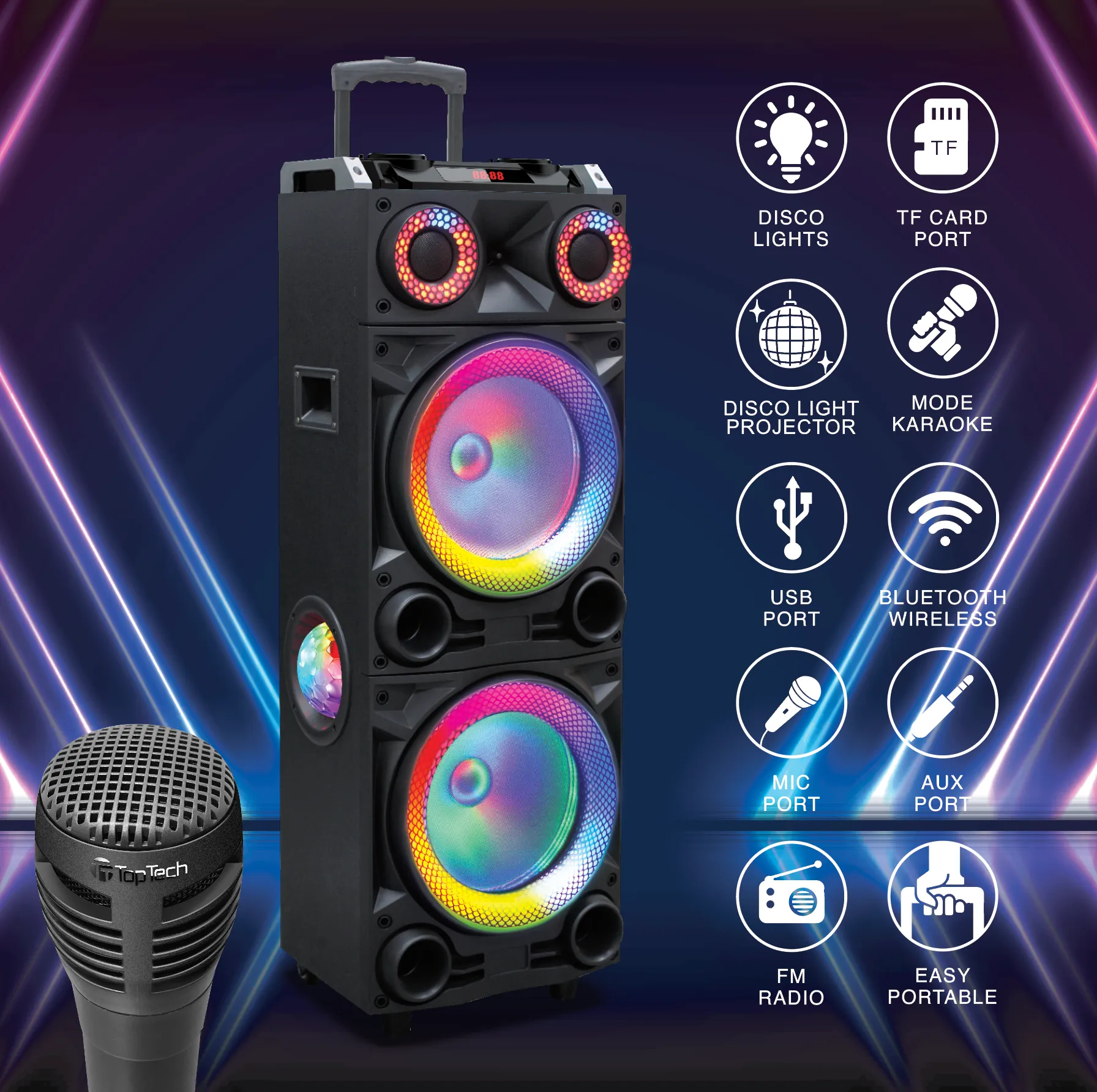 Rio-212 Party Speaker, 12" TWS Bluetooth, LED Lights, Karaoke, and Multimedia Playback