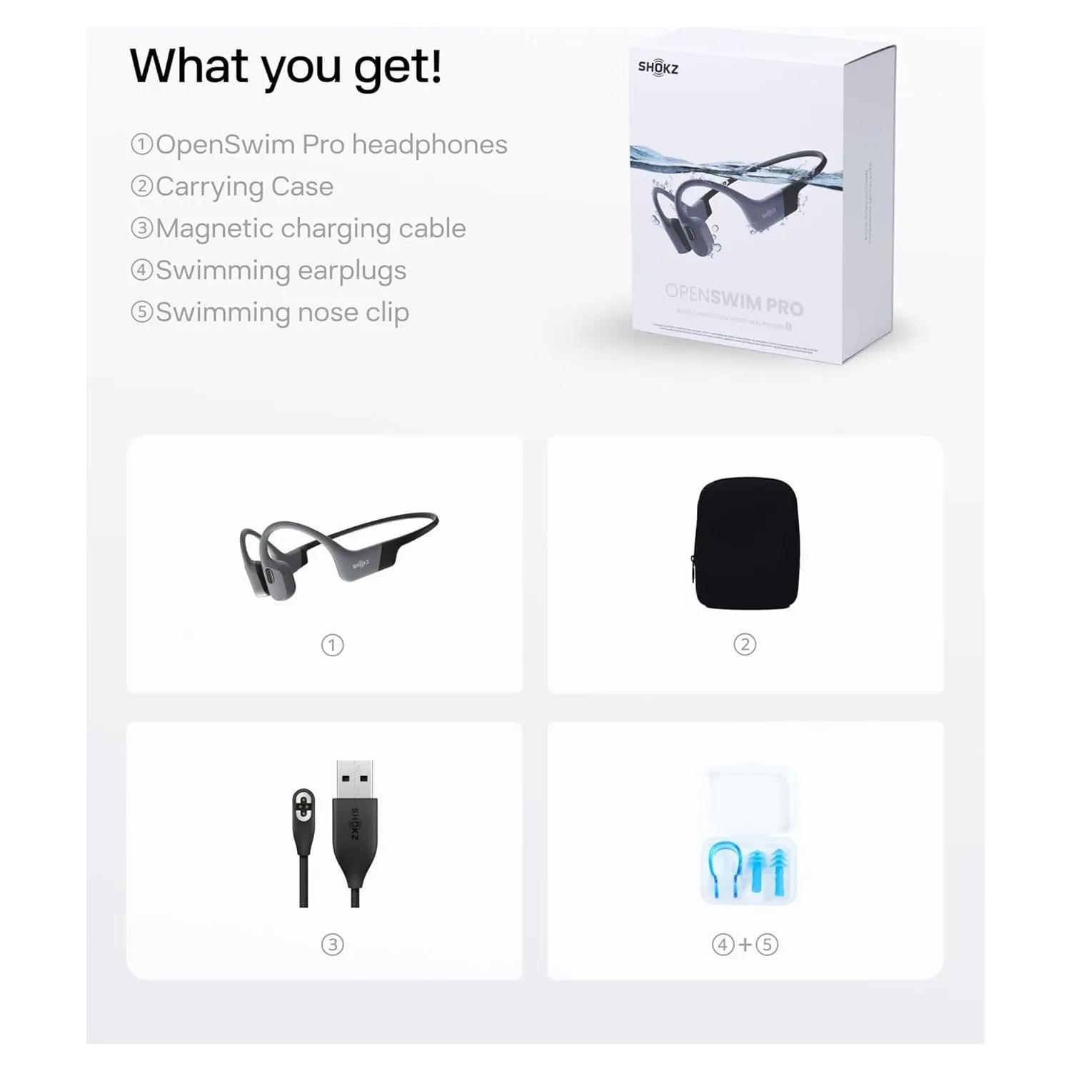 SHOKZ OpenSwim Pro Bone Conduction Sports Headphones - IP68 Waterproof, Open-Ear, 32GB MP3 Storage, Bluetooth 5.4, 9h Playtime, Grey