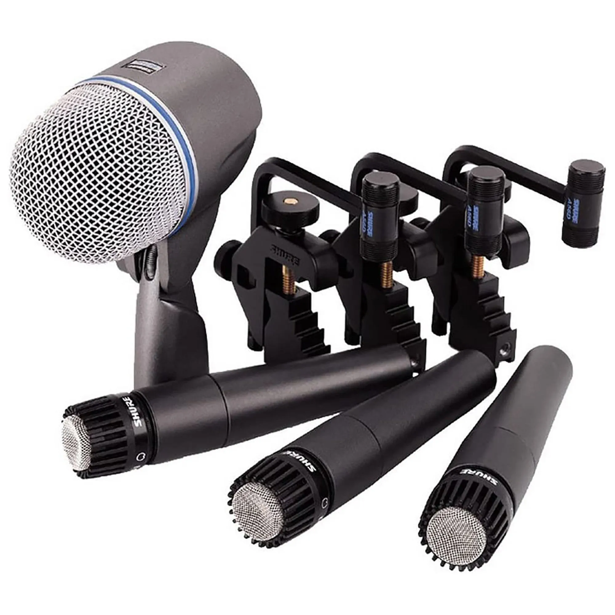 Shure BETA 52A Drum Microphone Kit, includes 3 SM57 Microphones, one BETA 52A Microphone, three A56D Drum-mounting Systems, and a Carrying Case