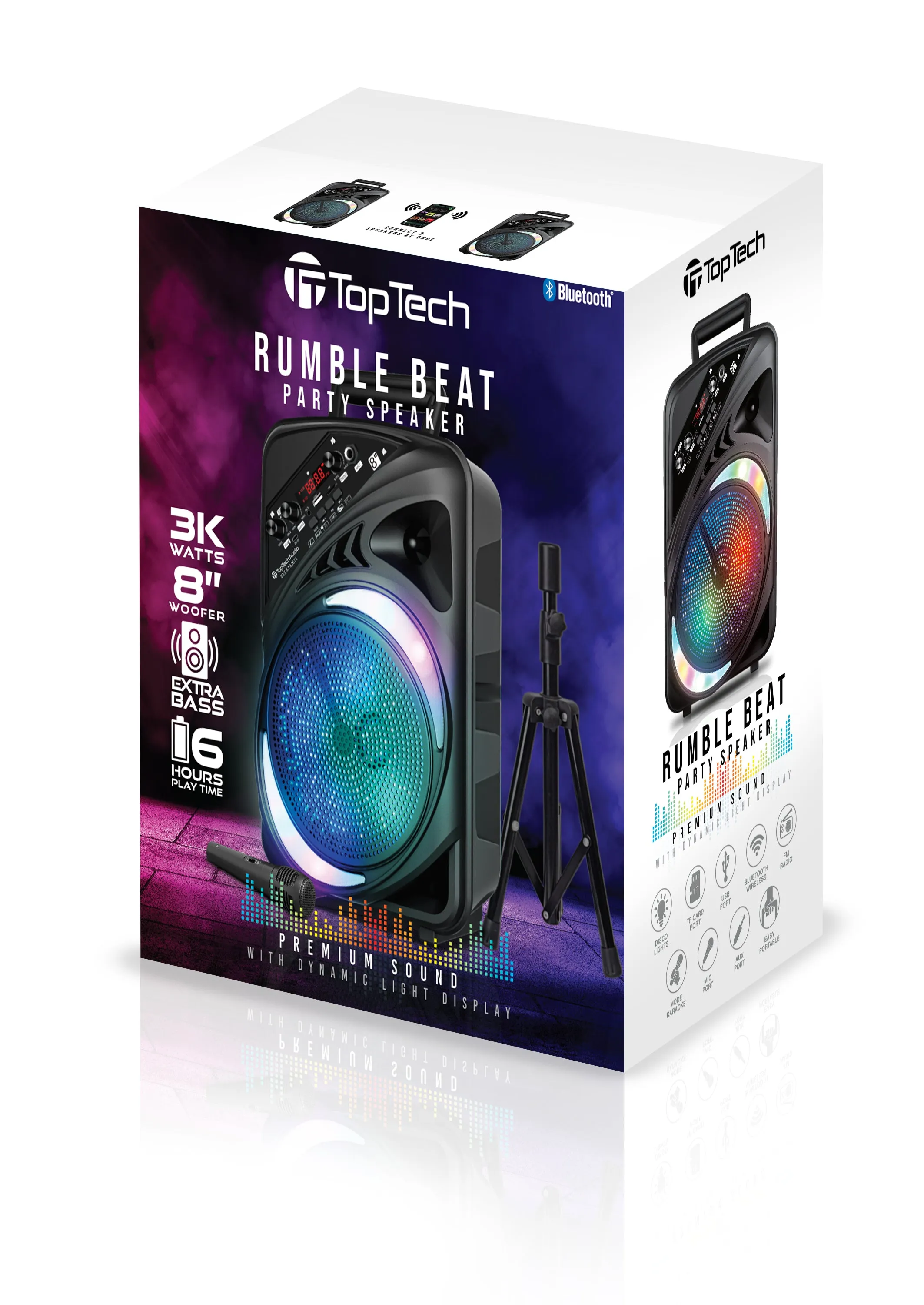 TOPTECH AL-8 8" Bluetooth Speaker, TWS Sound, Neon Light Show, Portable for Outdoors