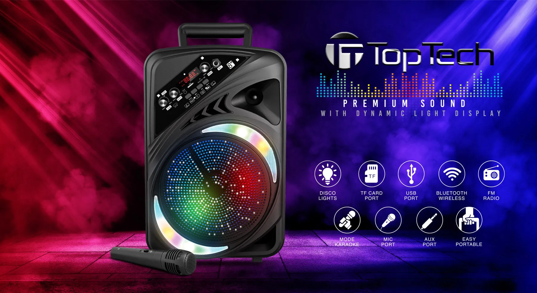 TOPTECH AL-8 8" Bluetooth Speaker, TWS Sound, Neon Light Show, Portable for Outdoors
