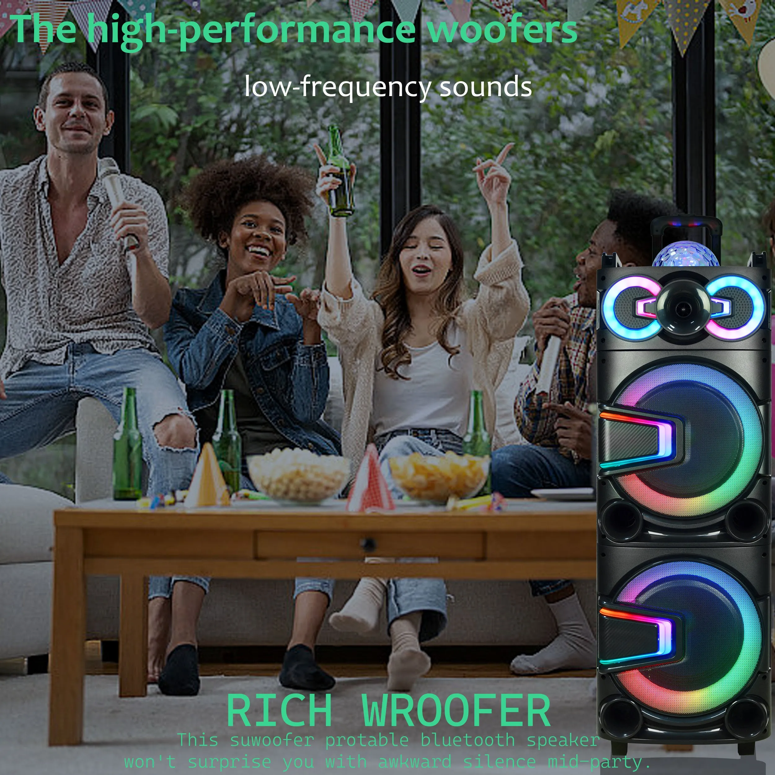 TOPTECH ANGEL-10, Dual 10" Bluetooth Speaker with Disco Lights & DJ Bulb for Home/Outdoor
