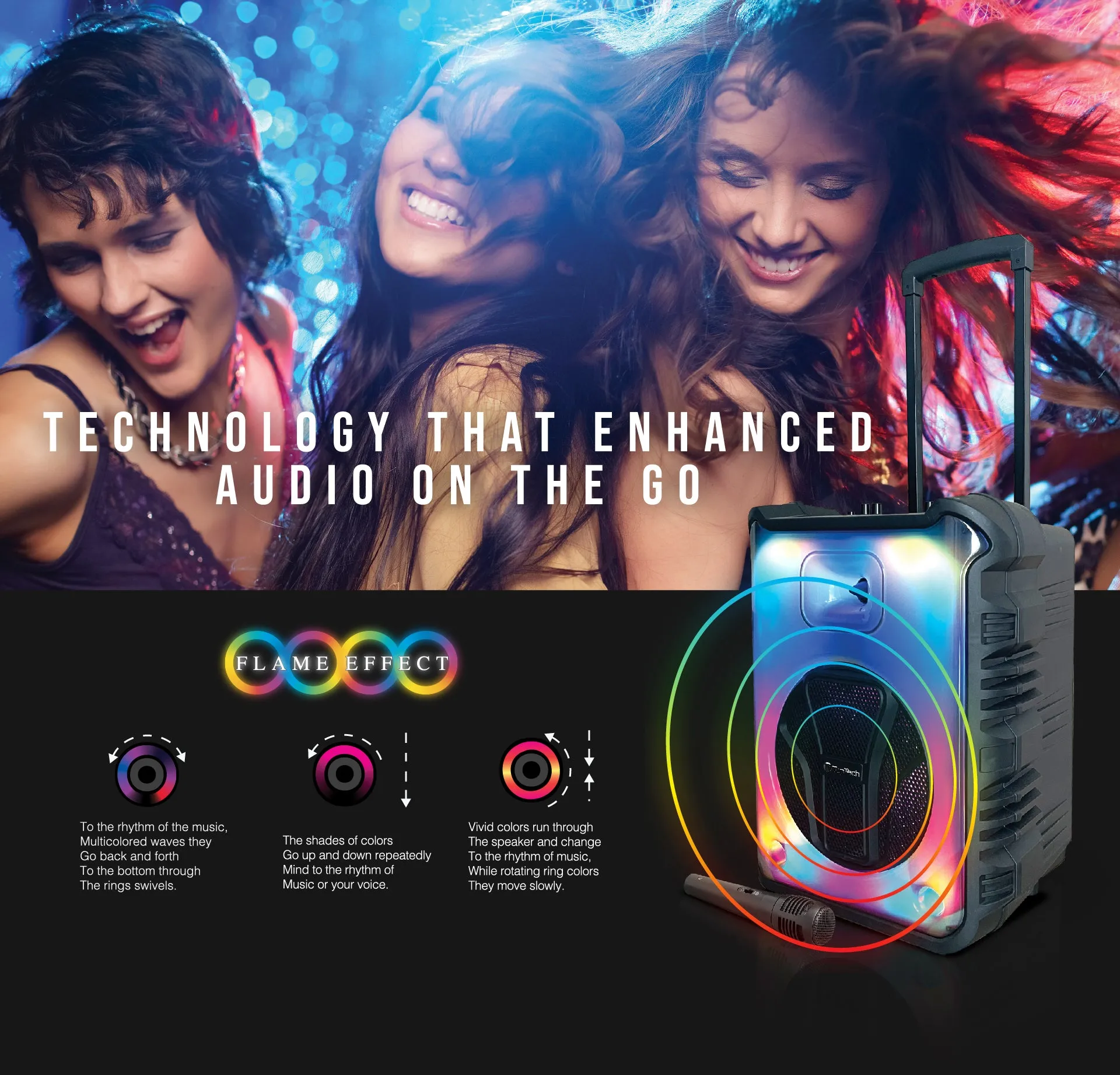 TOPTECH Angel-112 12" Bluetooth Speaker with Flame Effect Lights, 7000W Power, Microphone & FM Radio
