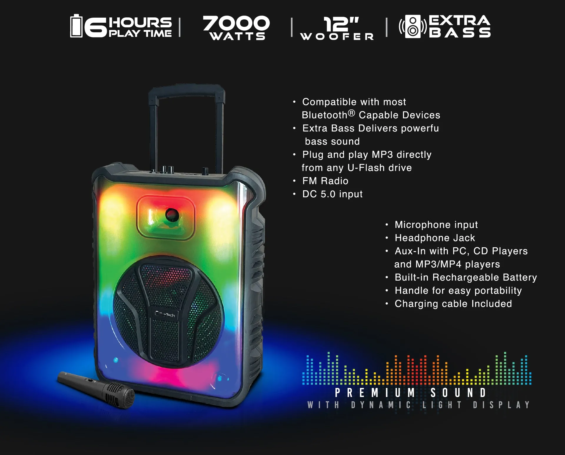 TOPTECH Angel-112 12" Bluetooth Speaker with Flame Effect Lights, 7000W Power, Microphone & FM Radio