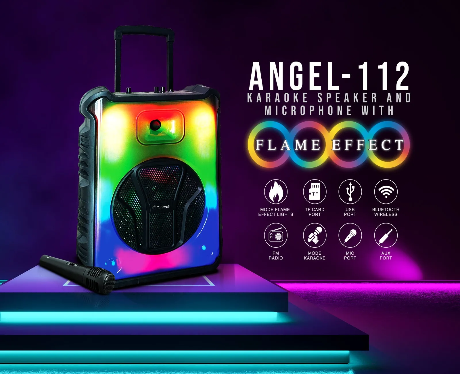 TOPTECH Angel-112 12" Bluetooth Speaker with Flame Effect Lights, 7000W Power, Microphone & FM Radio