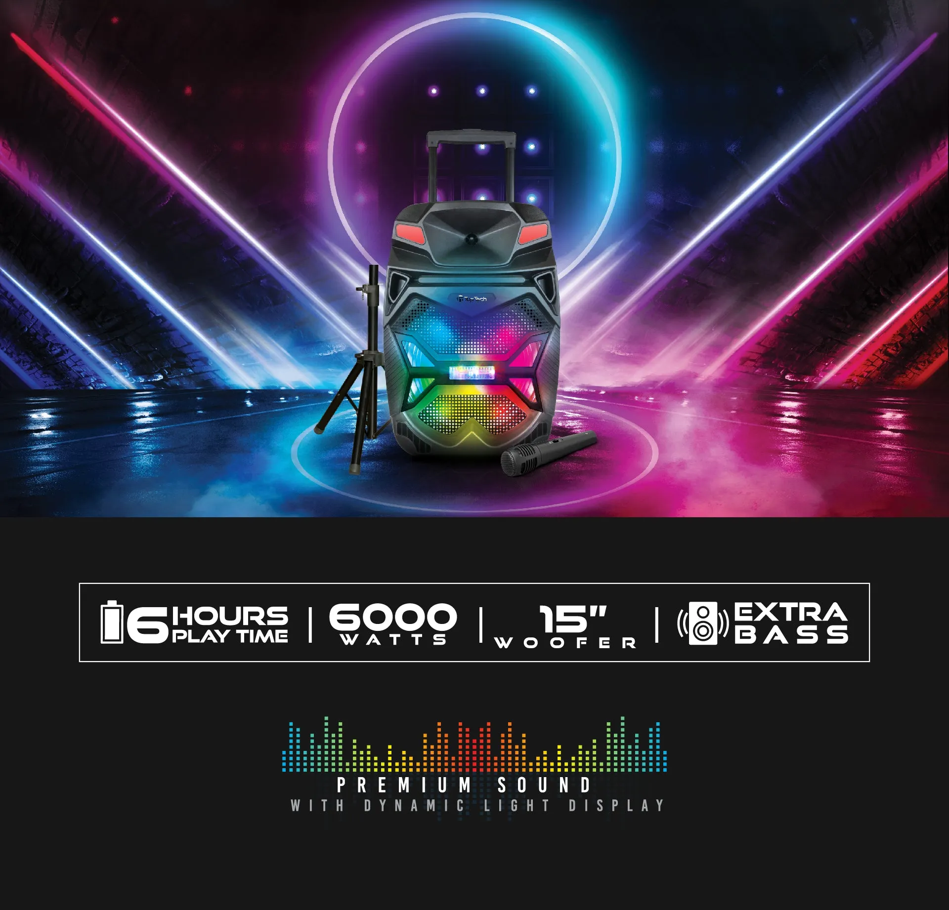 TOPTECH BLADE-15 15" Bluetooth Party Speaker with Disco Lights, Wireless Microphone, 6000W Power