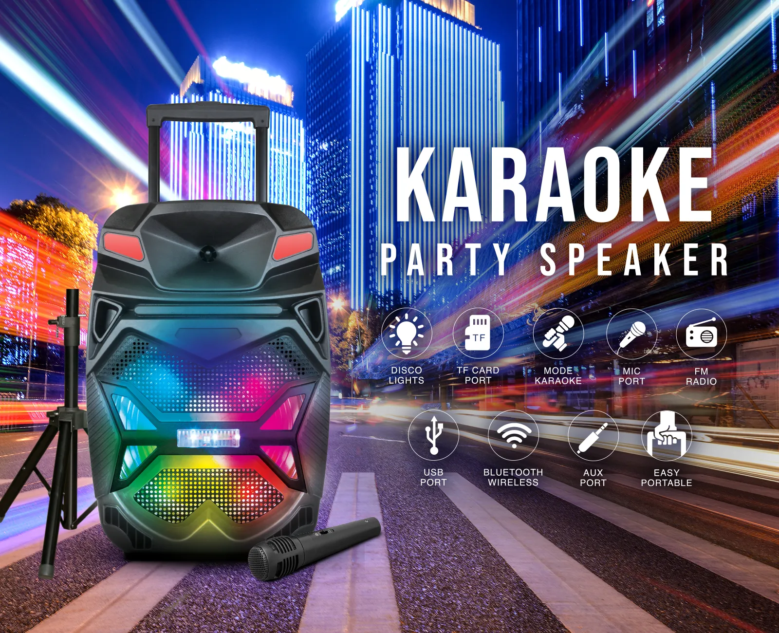 TOPTECH BLADE-15 15" Bluetooth Party Speaker with Disco Lights, Wireless Microphone, 6000W Power