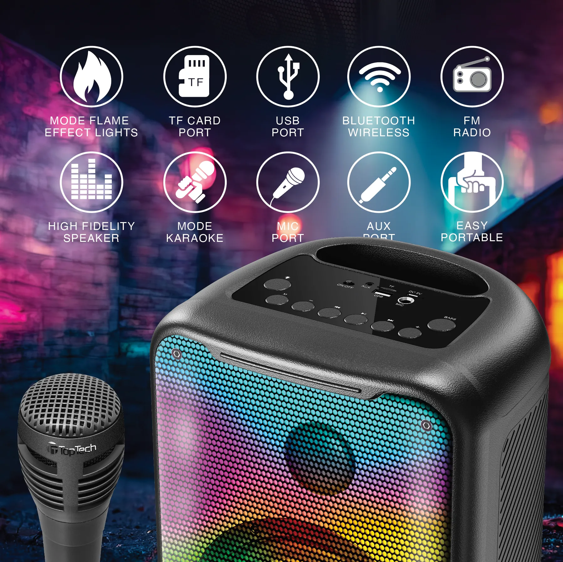 TOPTECH BLADE-8 8" Wireless Bluetooth Speaker, 4000W, TWS, Flame Lights