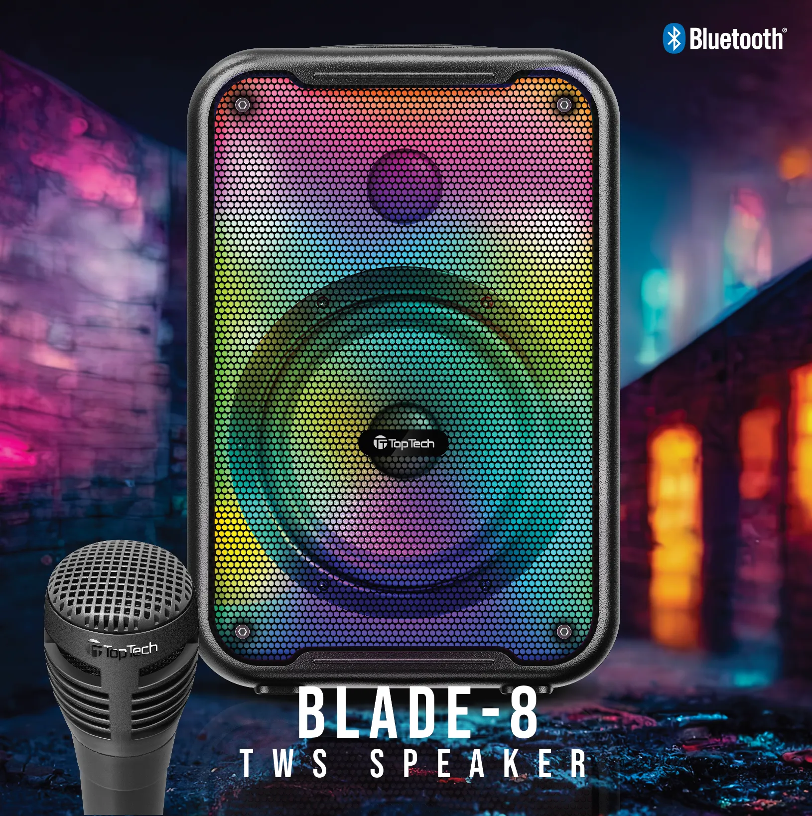 TOPTECH BLADE-8 8" Wireless Bluetooth Speaker, 4000W, TWS, Flame Lights