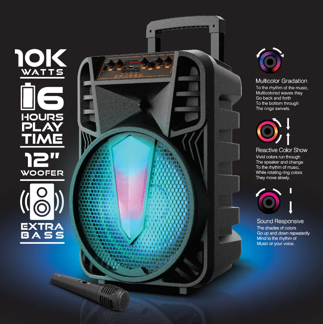 TOPTECH BRAZE-12 12" Portable Bluetooth Speaker, 10000W, Disco Lights, Mic, Karaoke