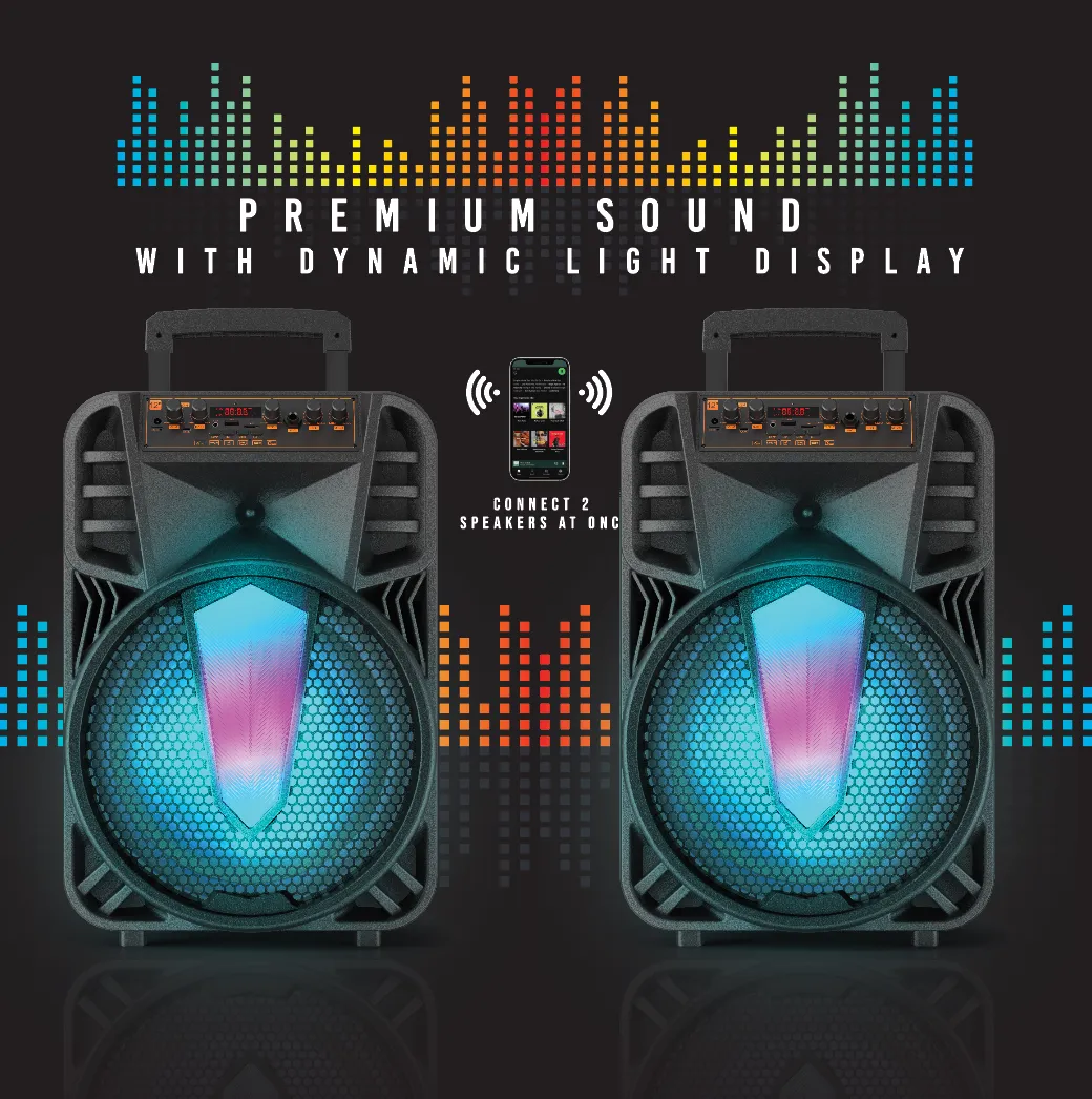 TOPTECH BRAZE-12 12" Portable Bluetooth Speaker, 10000W, Disco Lights, Mic, Karaoke