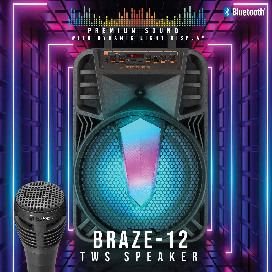 TOPTECH BRAZE-12 12" Portable Bluetooth Speaker, 10000W, Disco Lights, Mic, Karaoke
