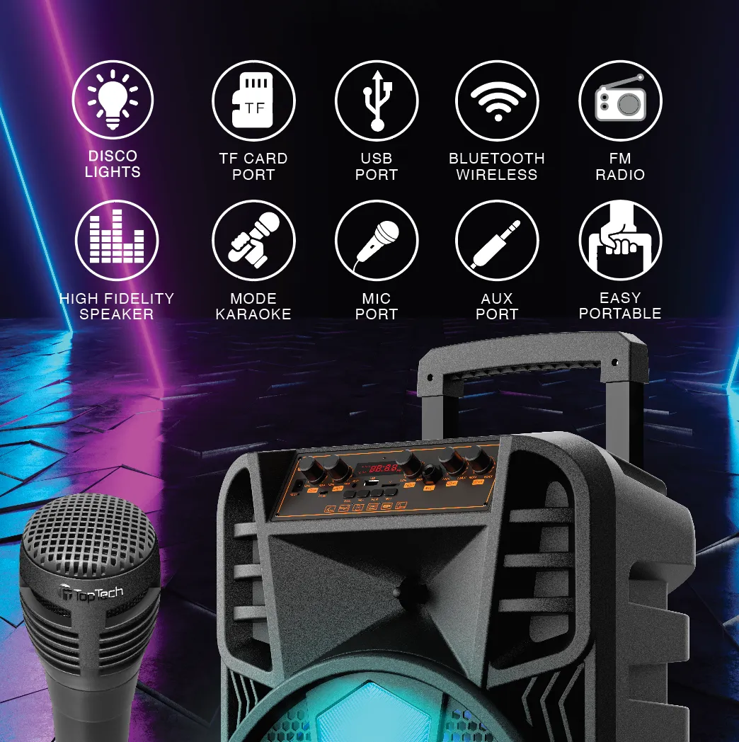 TOPTECH BRAZE-12 12" Portable Bluetooth Speaker, 10000W, Disco Lights, Mic, Karaoke