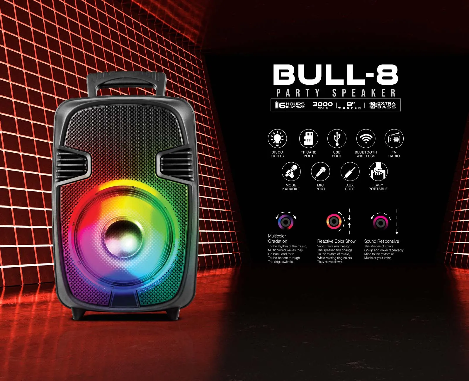 TOPTECH BULL-8, 8'' Bluetooth Speaker with Disco Lights, Wheels, Wireless Mic