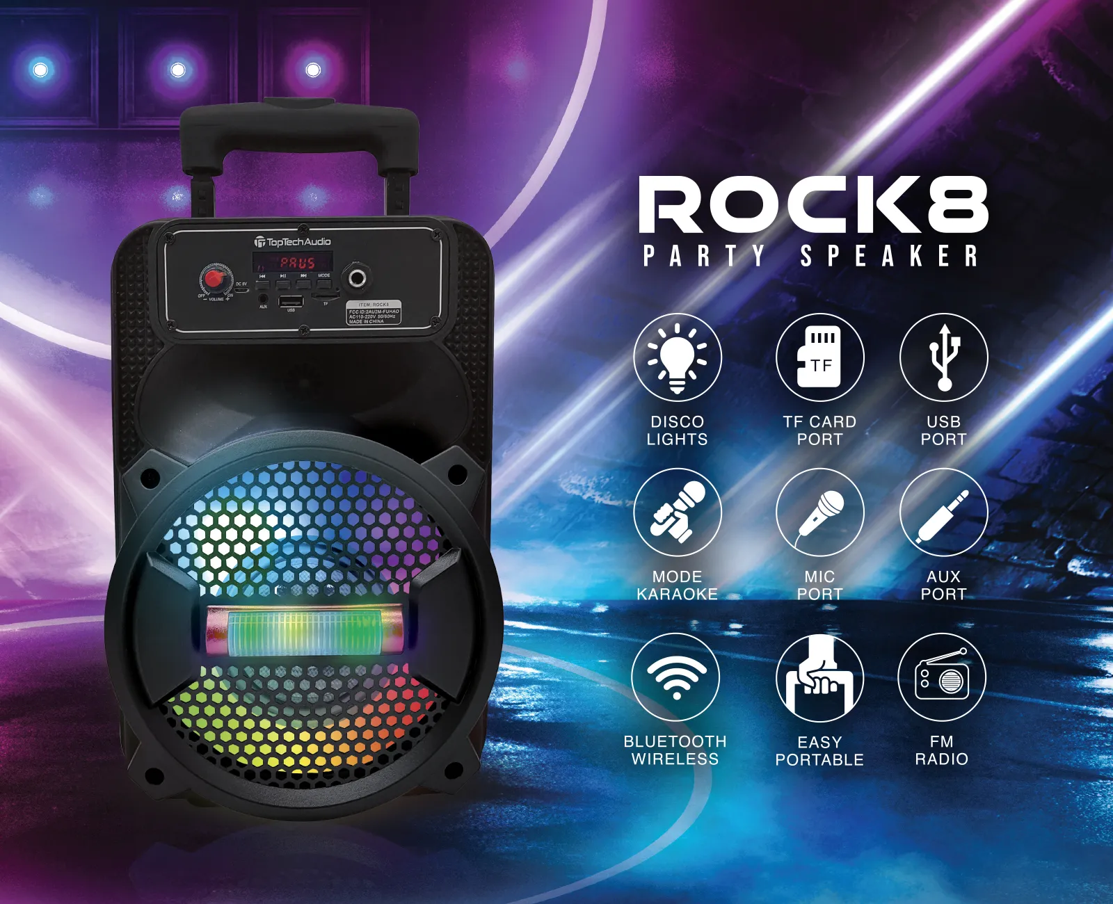 TOPTECH Rock-8 Bluetooth Speaker, 1800W Power, Disco Lights, Microphone, Portable