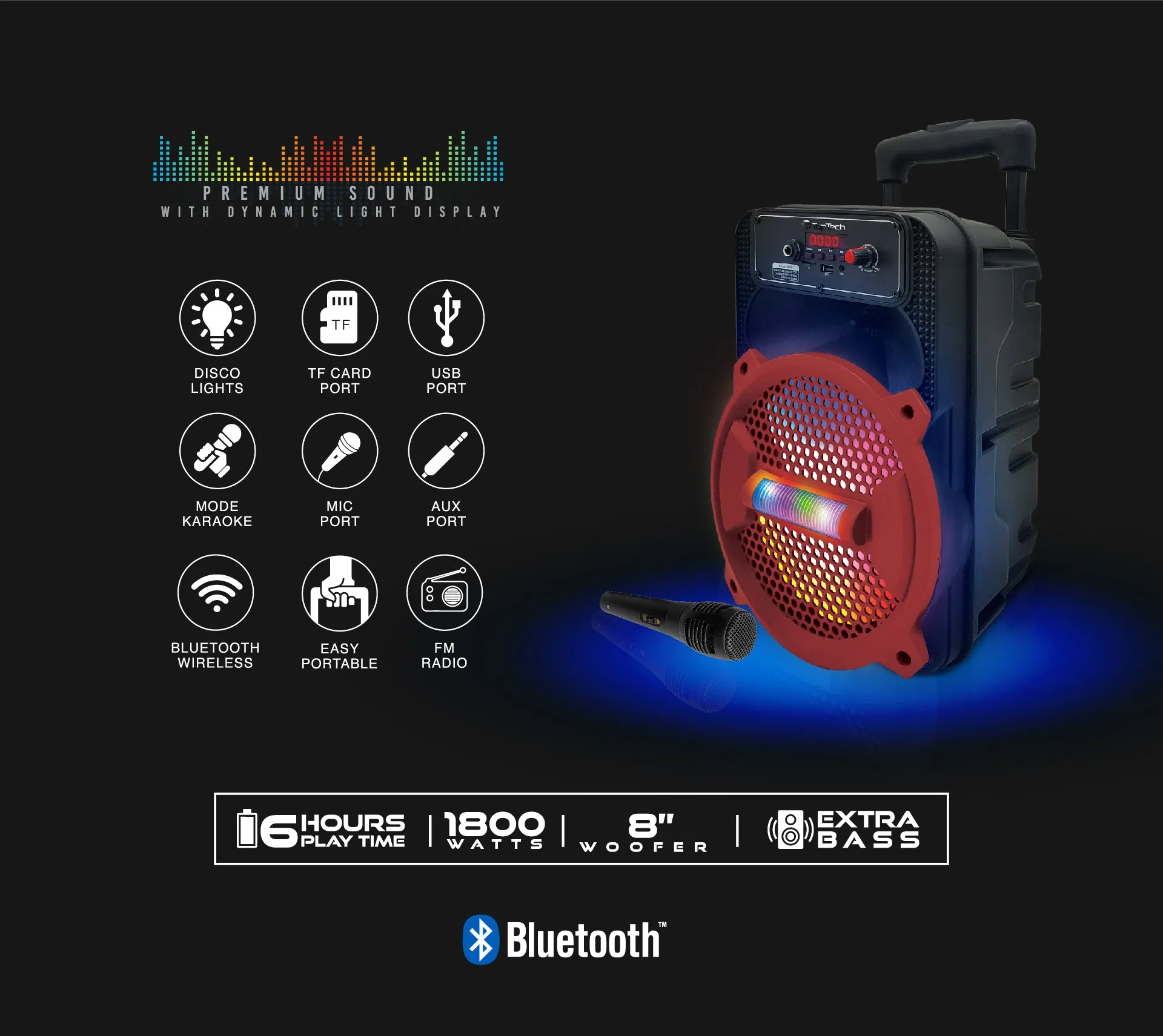 TOPTECH Rock-8 Bluetooth Speaker, 1800W Power, Disco Lights, Microphone, Portable