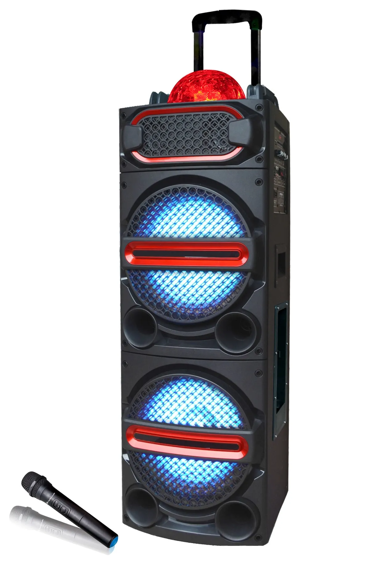 TOPTECH SKY-210, 2x10 Inch Bluetooth Party Speaker with Disco Lights, Wireless Mic, and Trolley