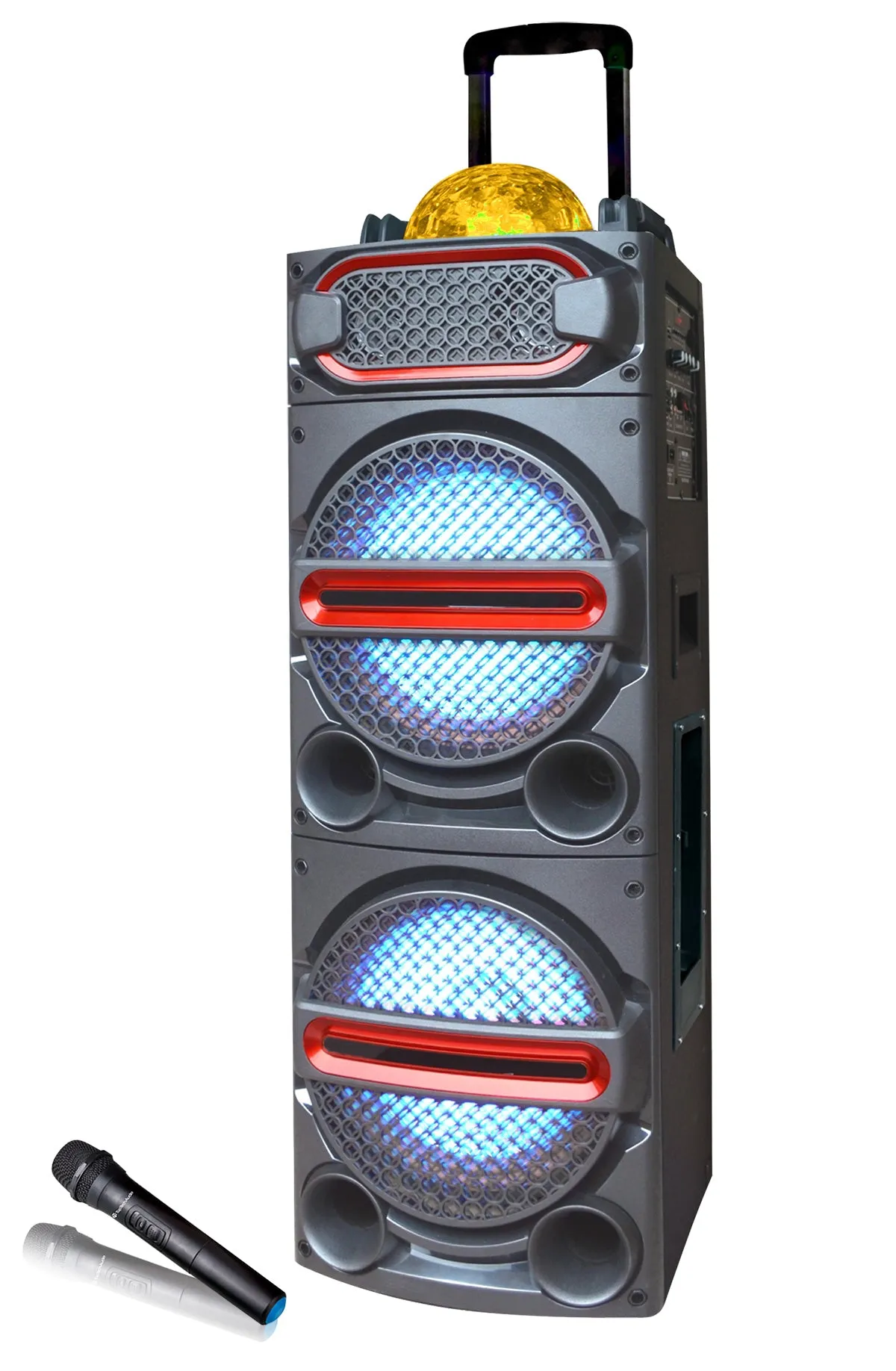 TOPTECH SKY-210, 2x10 Inch Bluetooth Party Speaker with Disco Lights, Wireless Mic, and Trolley