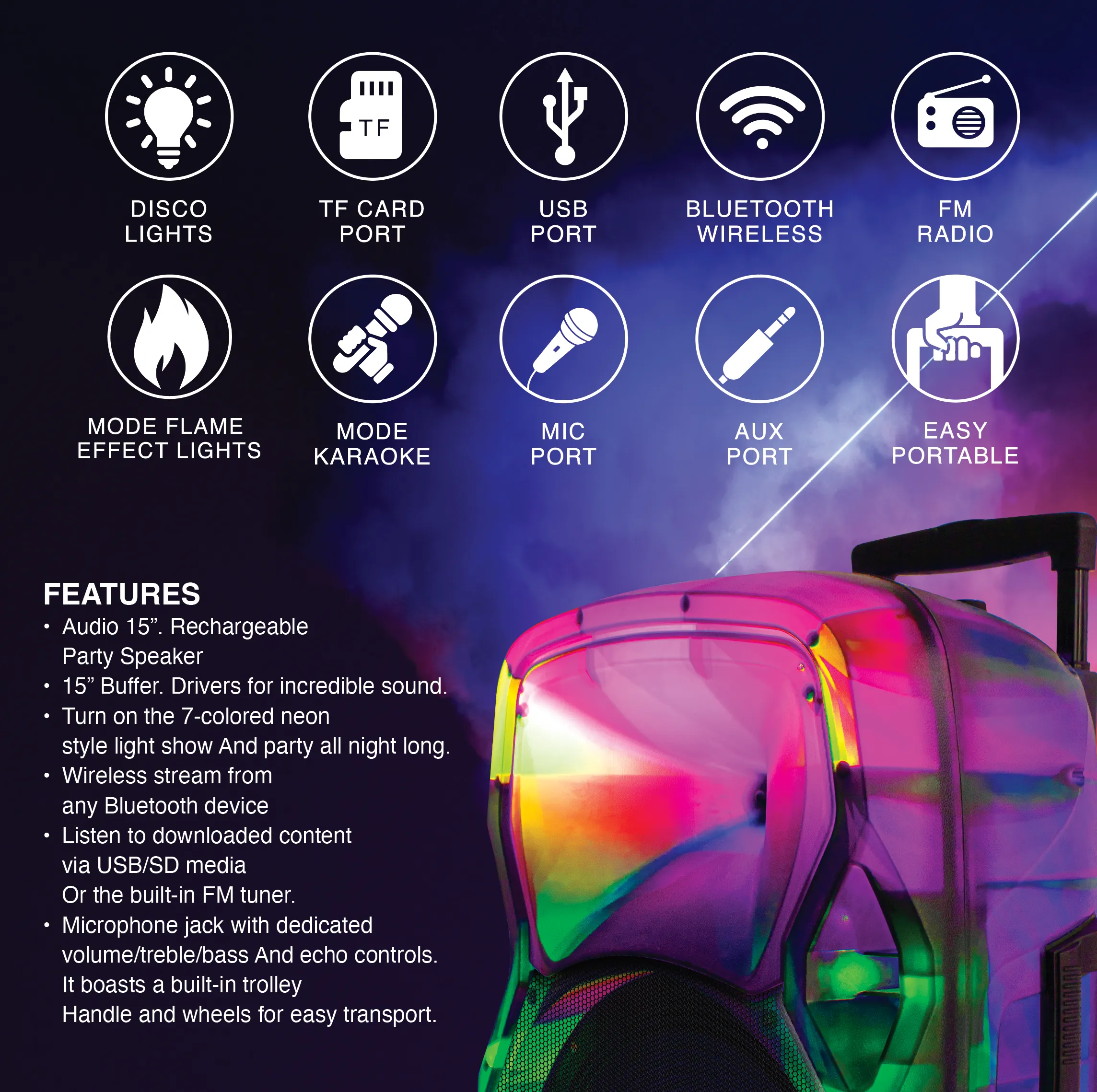 TOPTECH STAR-115 15” Portable Bluetooth Speaker with Flame Light & 10,000W Power