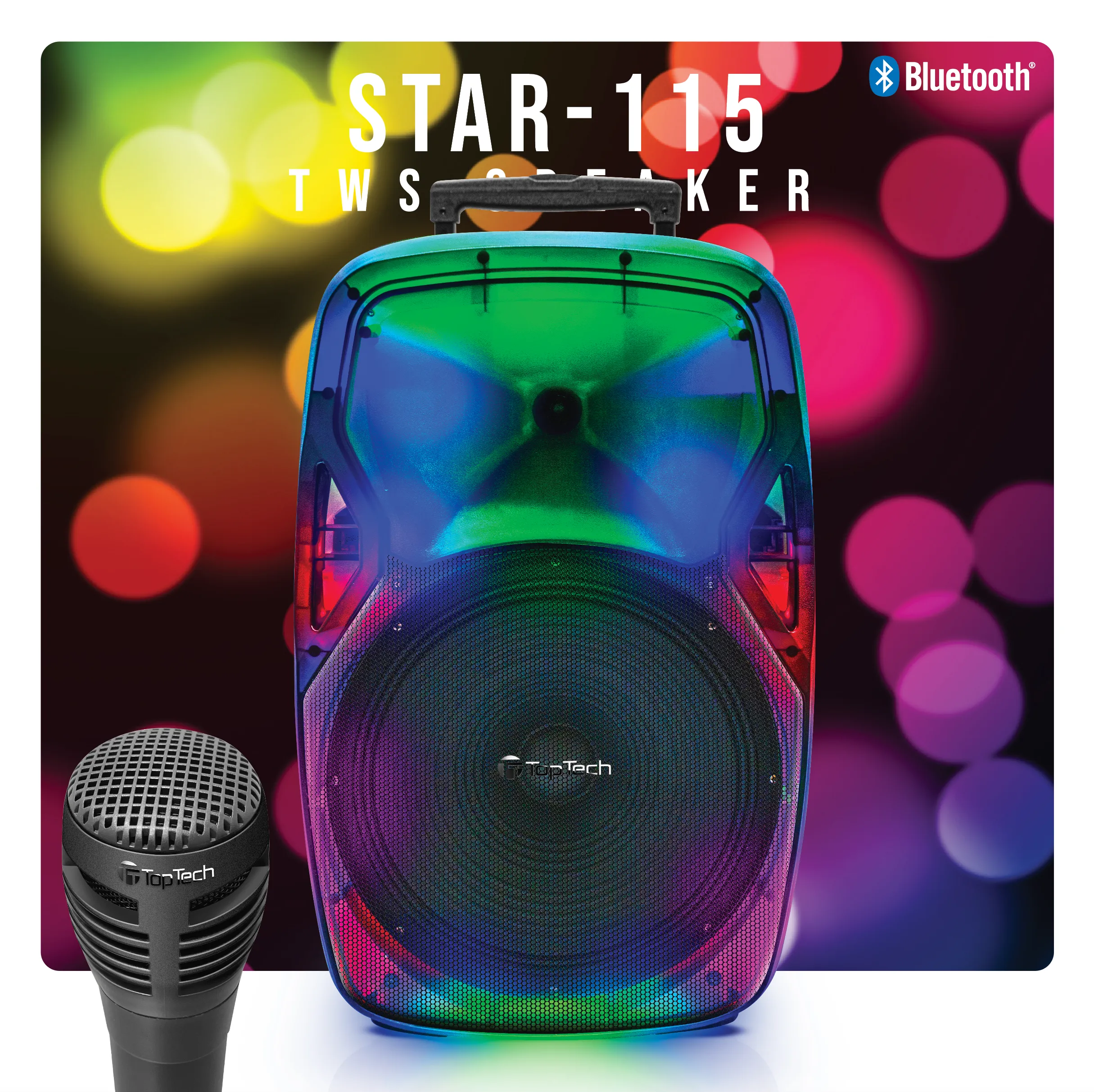TOPTECH STAR-115 15” Portable Bluetooth Speaker with Flame Light & 10,000W Power