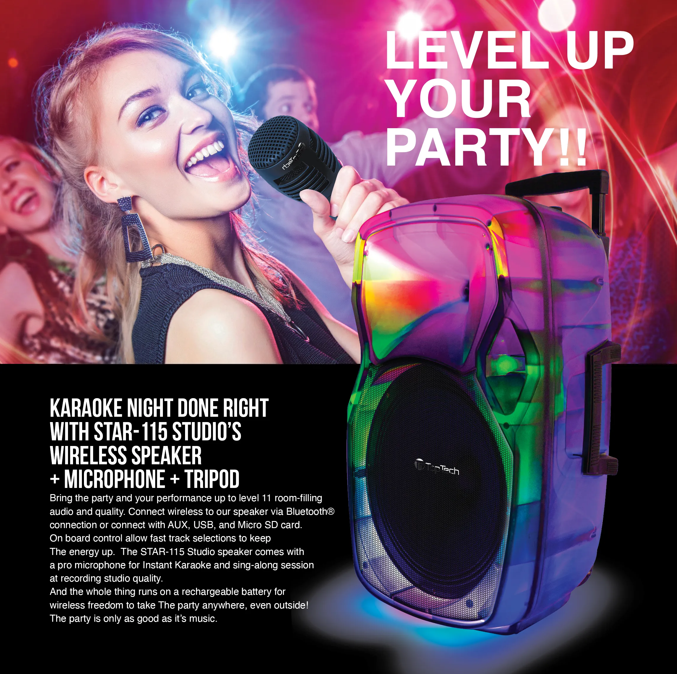 TOPTECH STAR-115 15” Portable Bluetooth Speaker with Flame Light & 10,000W Power