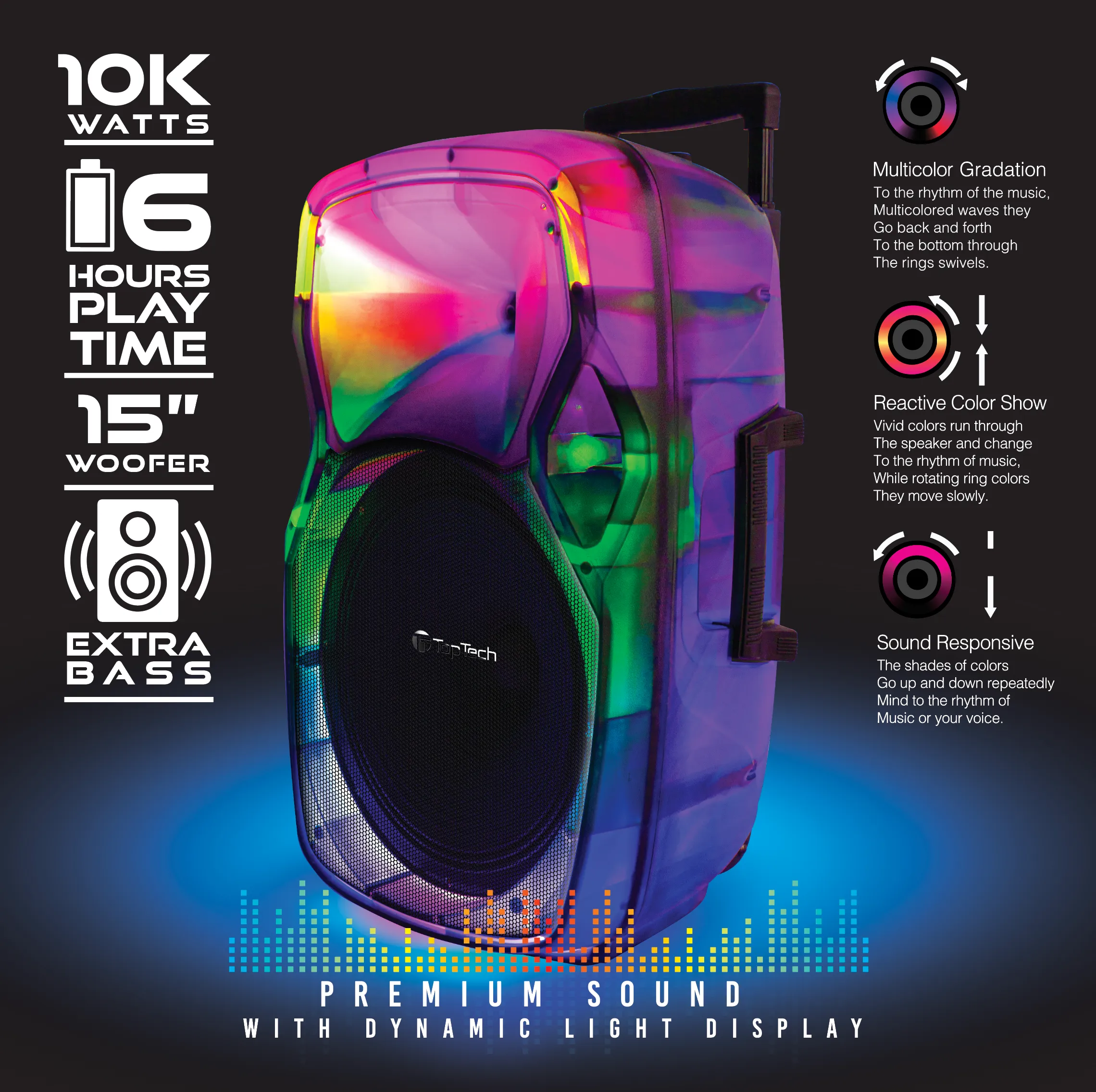 TOPTECH STAR-115 15” Portable Bluetooth Speaker with Flame Light & 10,000W Power