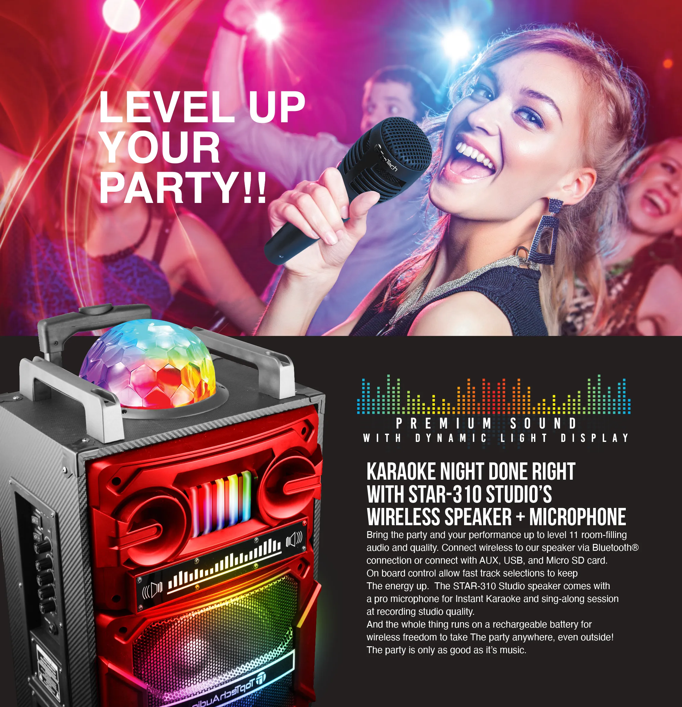 TOPTECH Star-310 Bluetooth Party Speakers with Disco Lights & Wireless Microphone