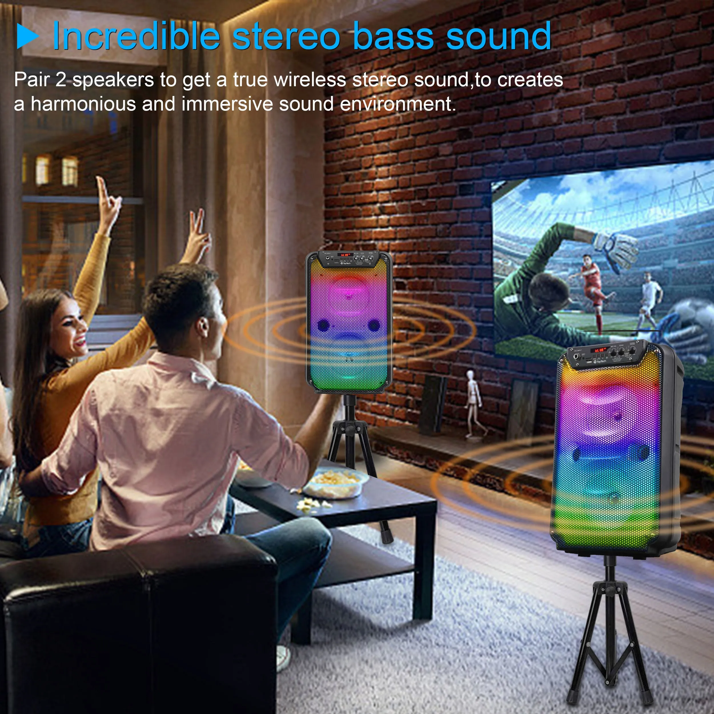 TOPTECH TTA-206 Dual 6'' Woofer Bluetooth Speaker with Stand & LED Flame Lights