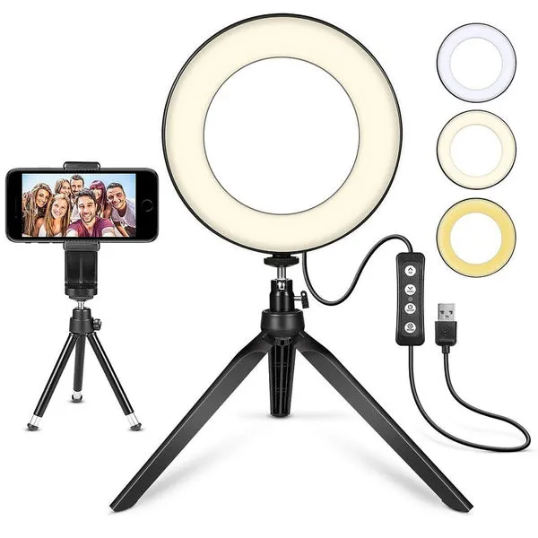 Video Light 6inch Mini LED Desktop Video Ring Light Selfie Lamp With Tripod Stand USB Plug