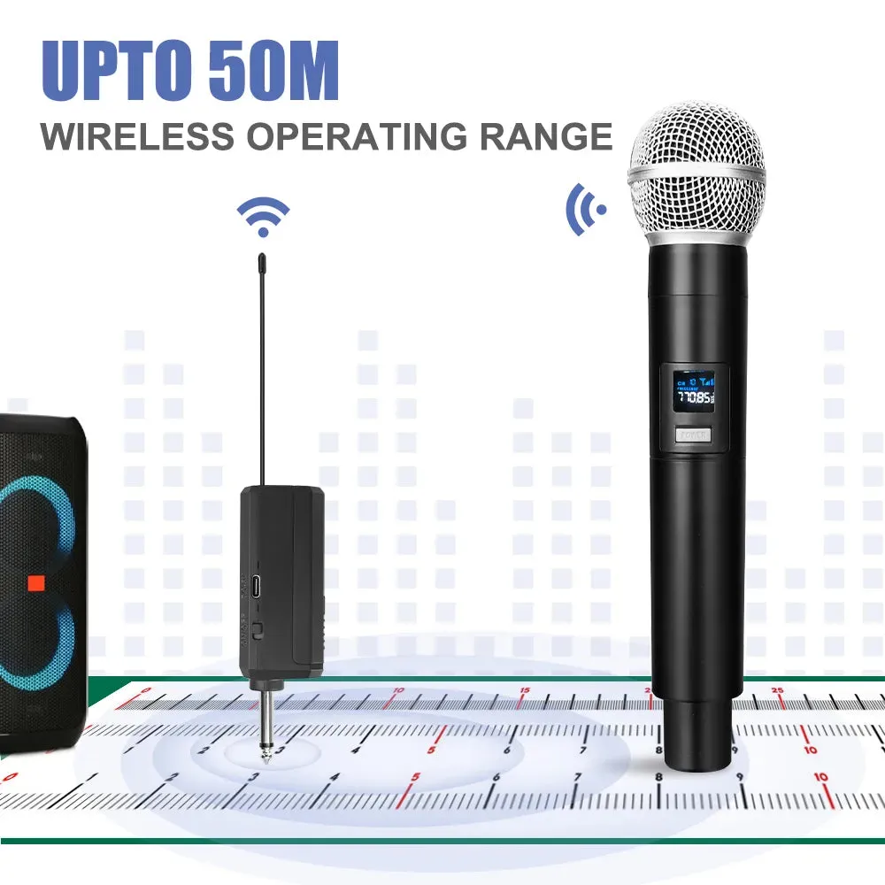 Wireless Karaoke Microphone Professional UHF Cordless Dynamic Mic with Rechargeable Receiver for Voice Amplifier PA System Party