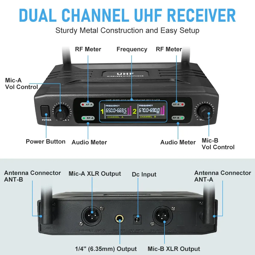 Wireless Karaoke Microphone Professional UHF Cordless Dynamic Mic with Rechargeable Receiver for Voice Amplifier PA System Party