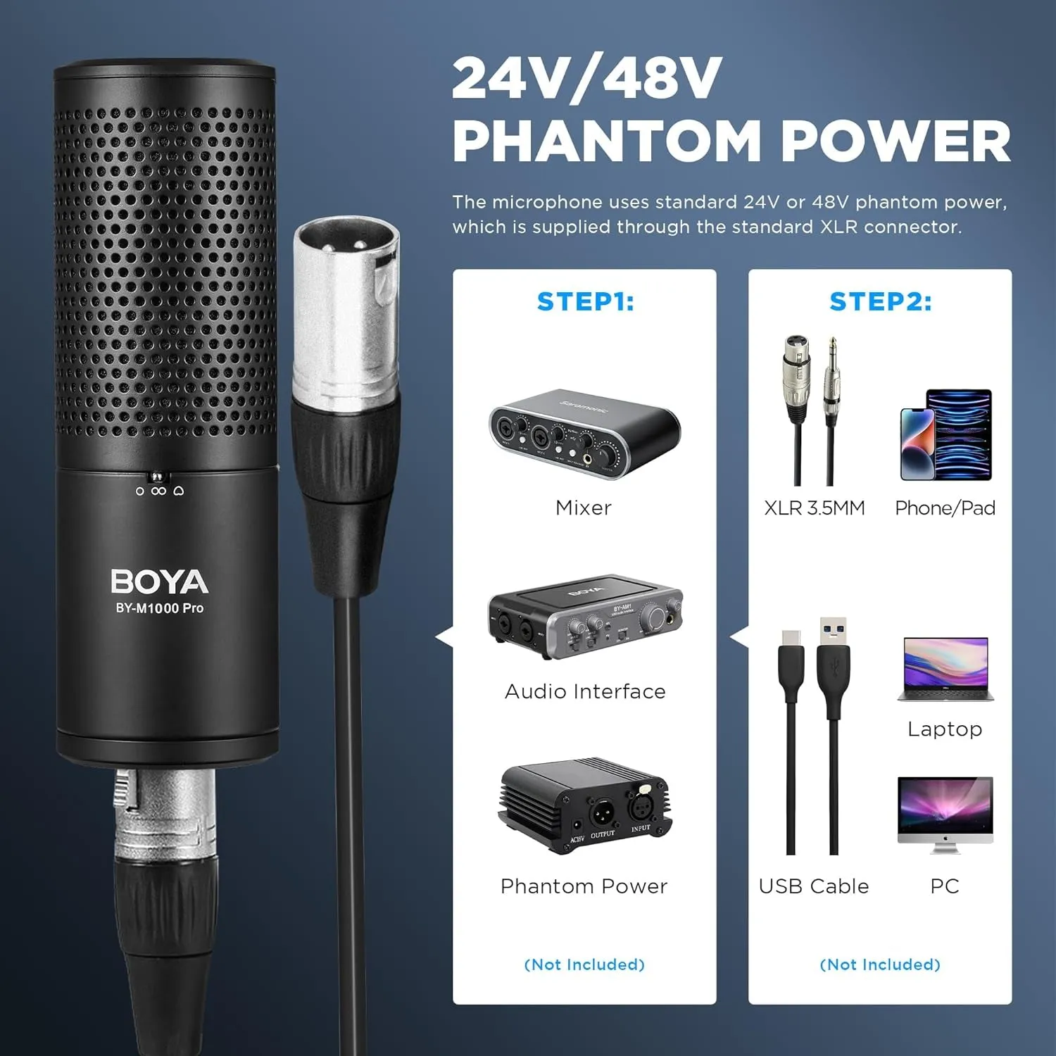 XLR Large Diaphragm Studio Condenser Microphone, 48V Phantom Power Vocal Recording Mic for Singing Podcast, Project Home Audio Youtube Facebook Streaming (BY-M1000 Pro)
